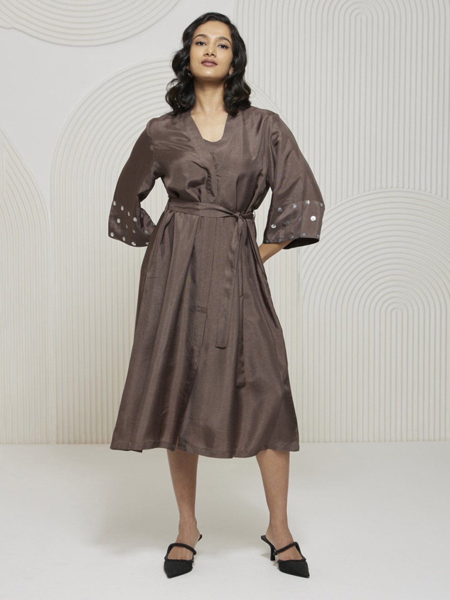 Artagai Granite Grey Romancing Aari Shirt Dress With Tie-Up And Embellished Sleeve