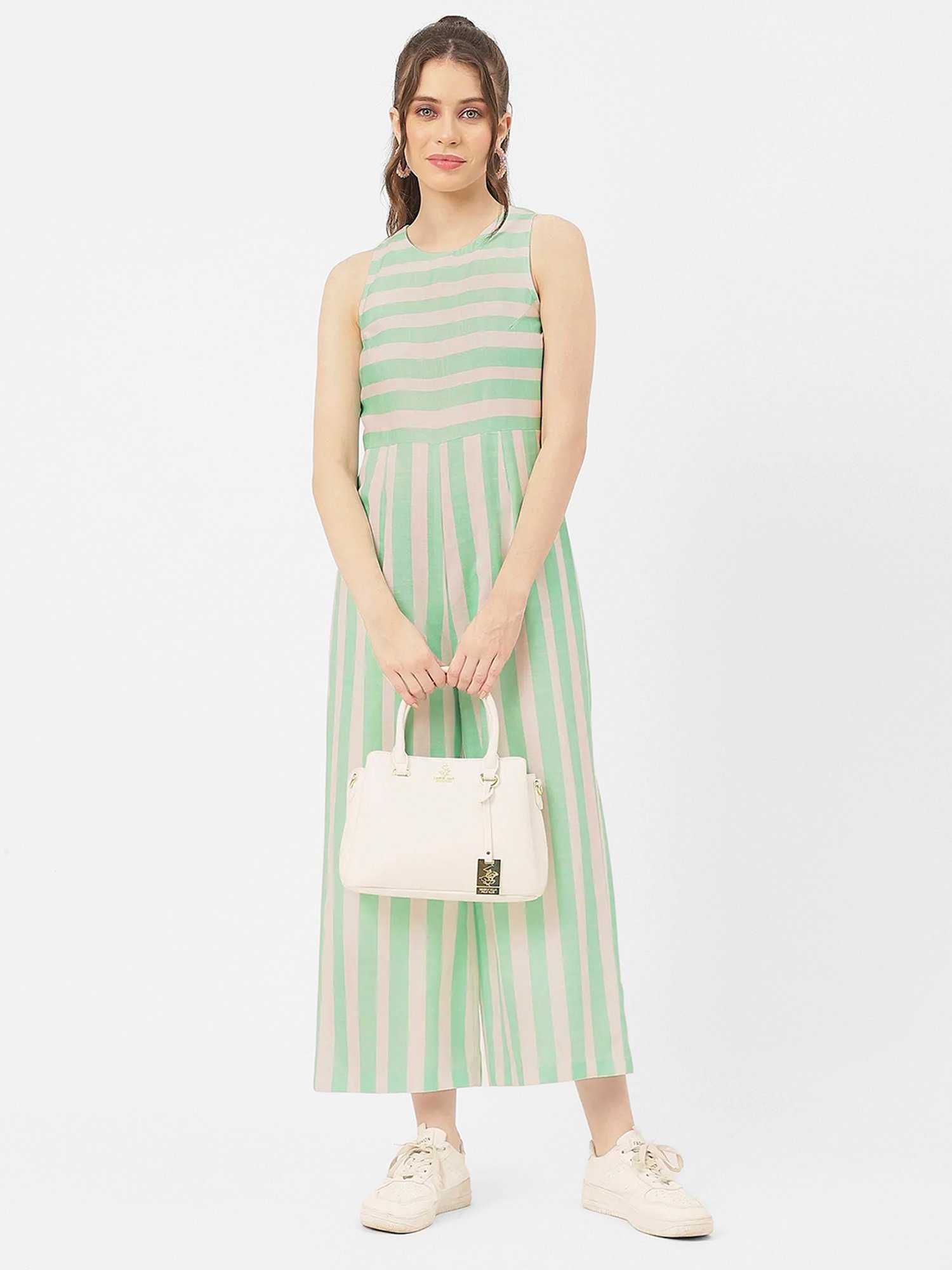 Moomaya Mint & Off White Cotton Blend Striped Jumpsuit