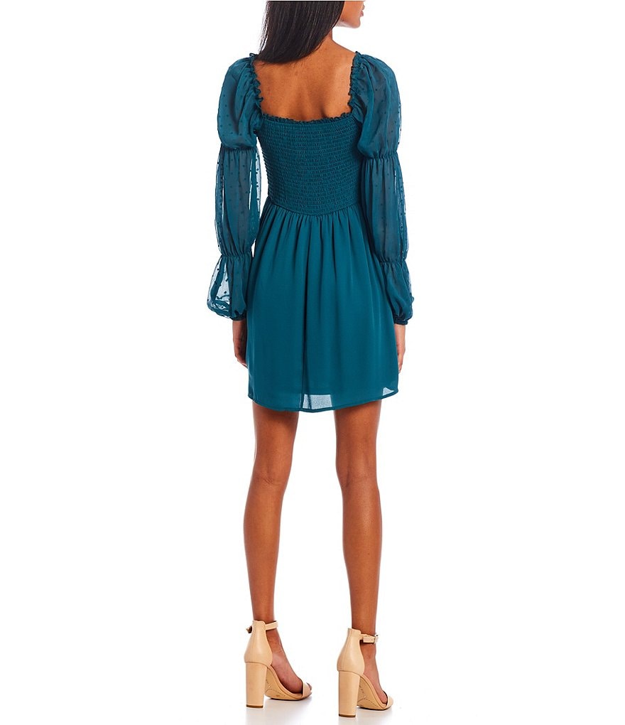 Allison & Kelly Balloon-Sleeve Flocked Dot Smocked Bodice Dress