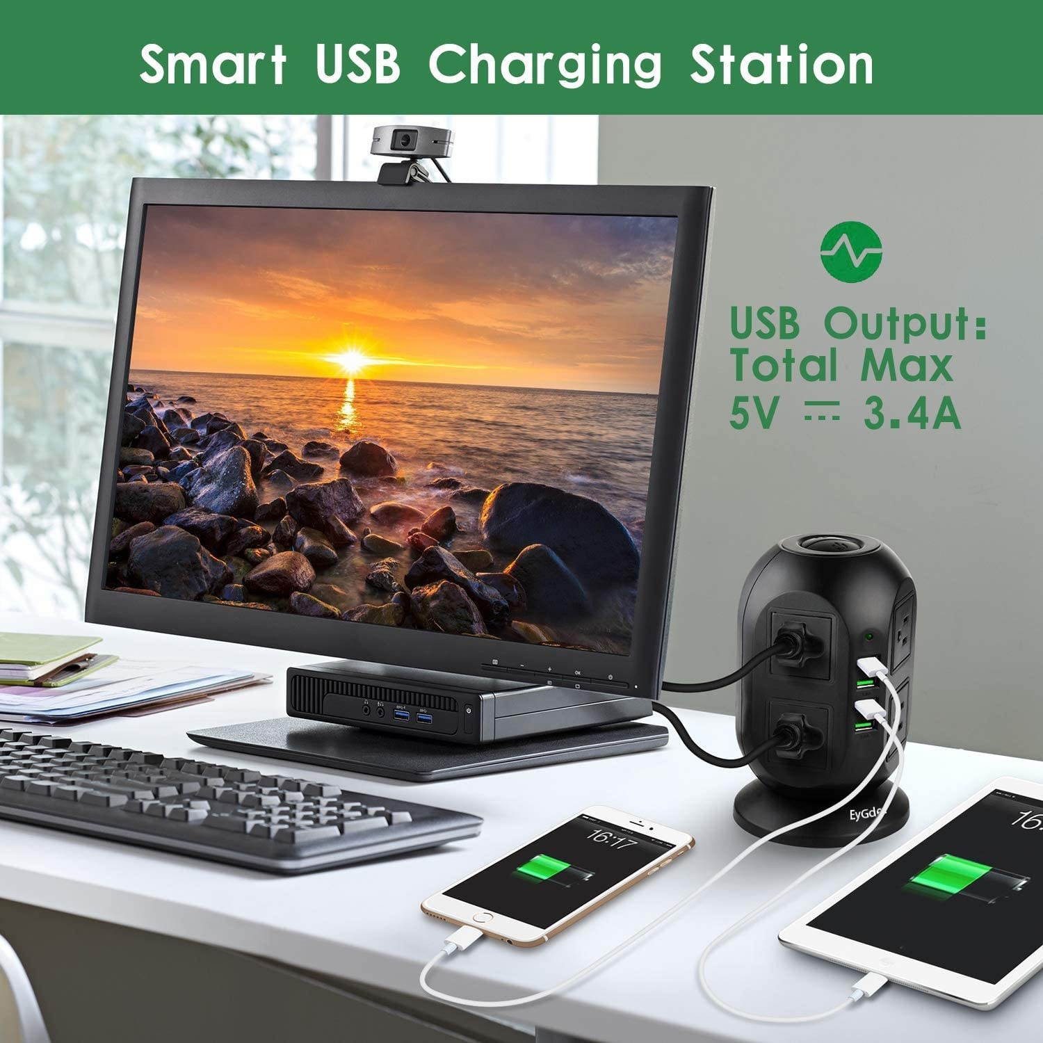 EyGde Power Strip Tower Surge Protector, Multi Plug Outlet with 10Ft Long Extension Cord+Power Strip Tower EyGde Surge Protector Electric Charging Station, 12 AC Outlets with 4 Individual ON/Off Switc