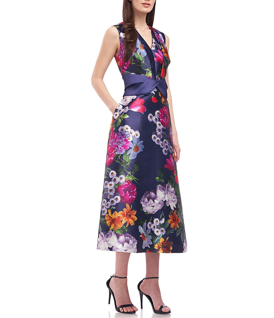 Kay Unger V-Neck Sleeveless Floral Mikado Midi Dress