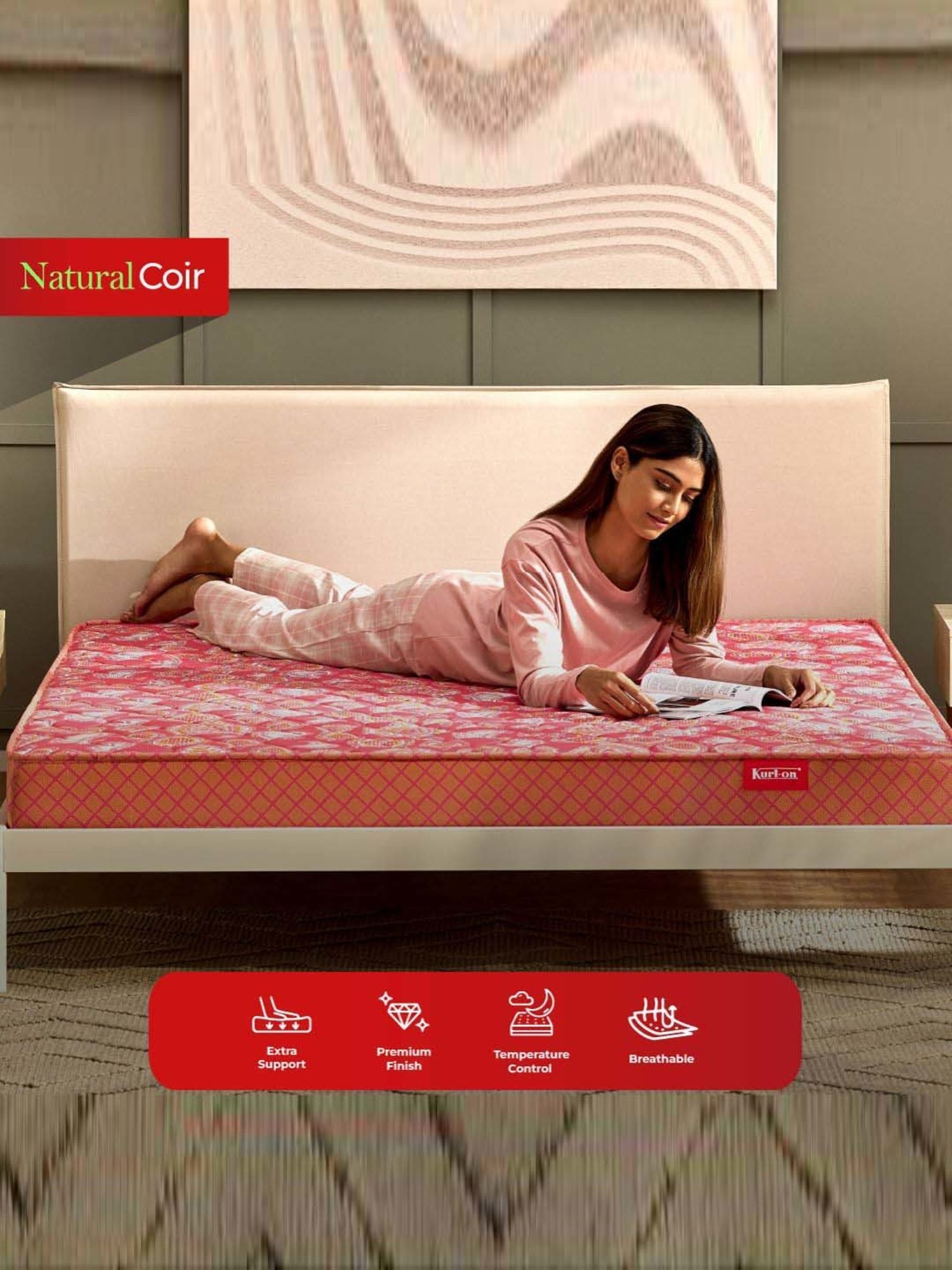 Kurlon Natural Coir Pink Rubberized Coir Single Size Bed Mattress
