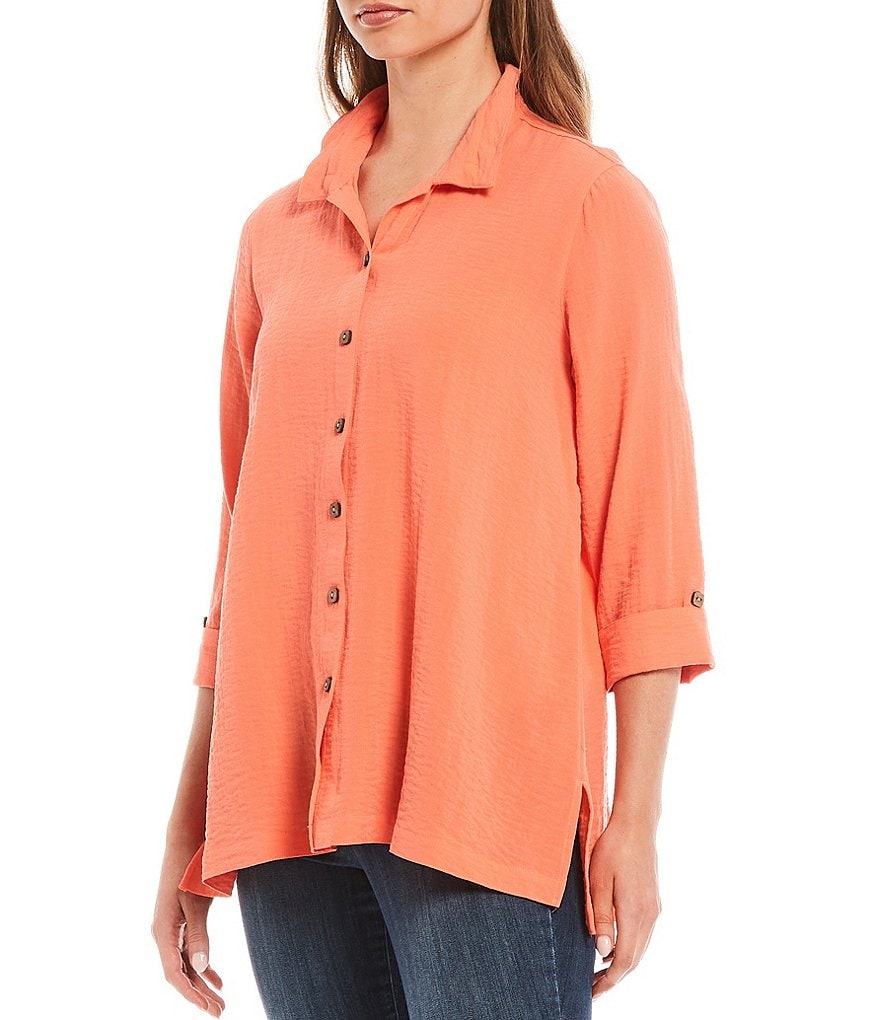 John Mark Crinkle Wire Collar 3/4 Roll Tab Sleeve Blouse