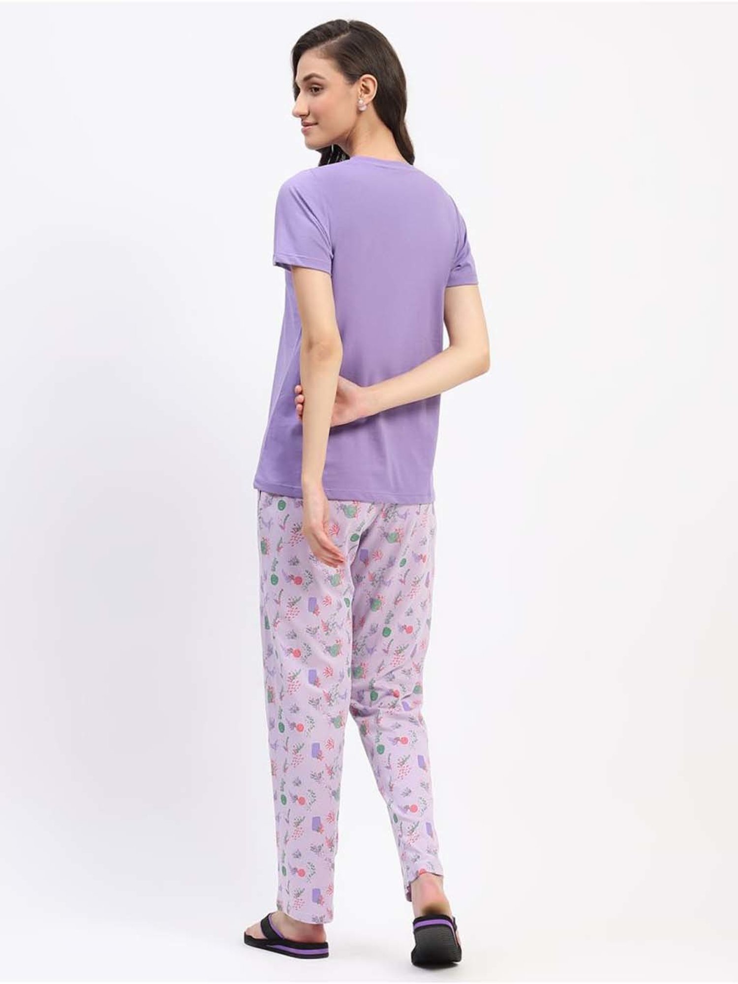 MADAME M Secret Purple Cotton Printed T-Shirt Pyjamas Set