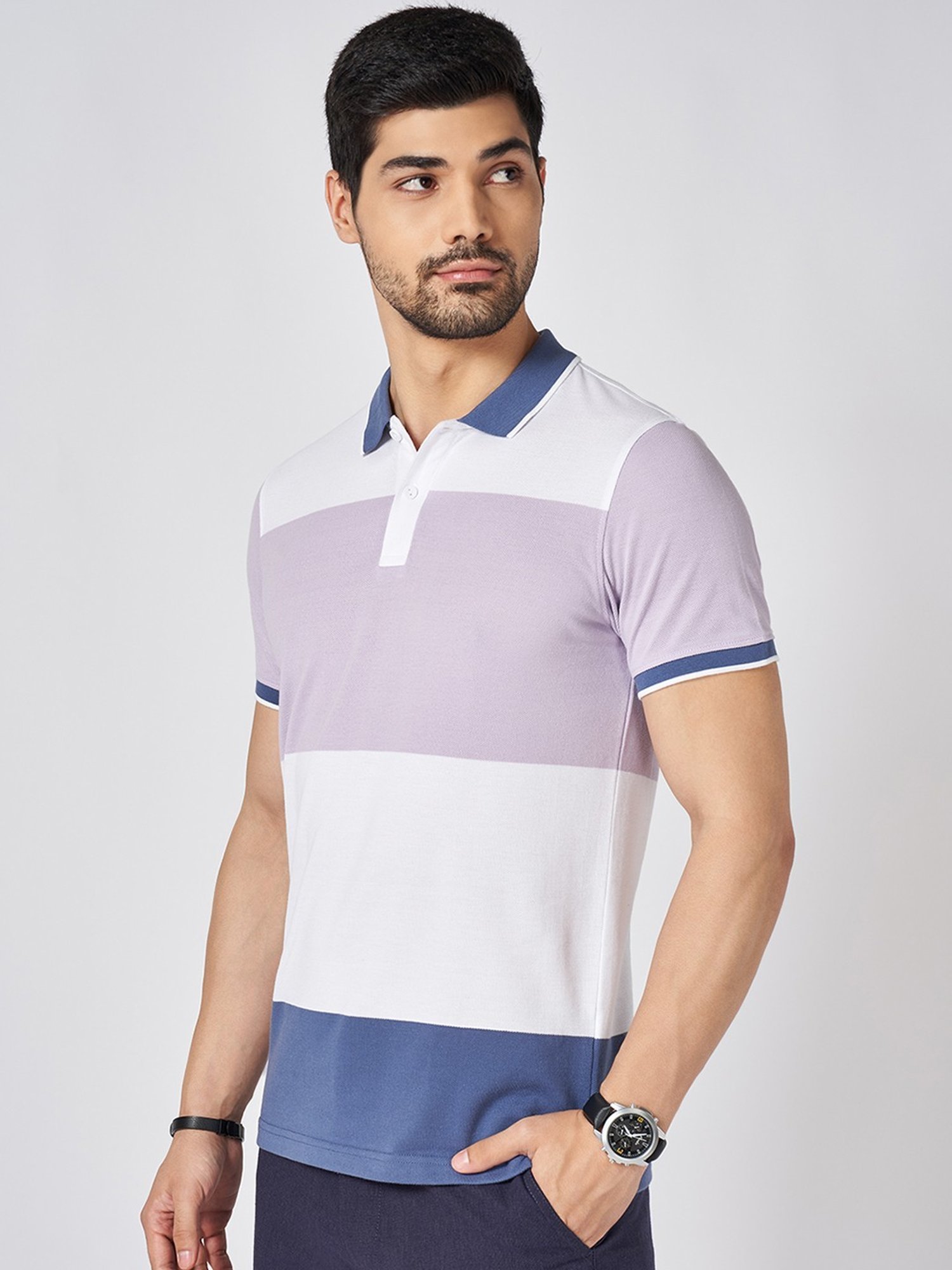 Byford By Pantaloons Multicolored Cotton Slim Fit Colour Block Polo T-Shirt