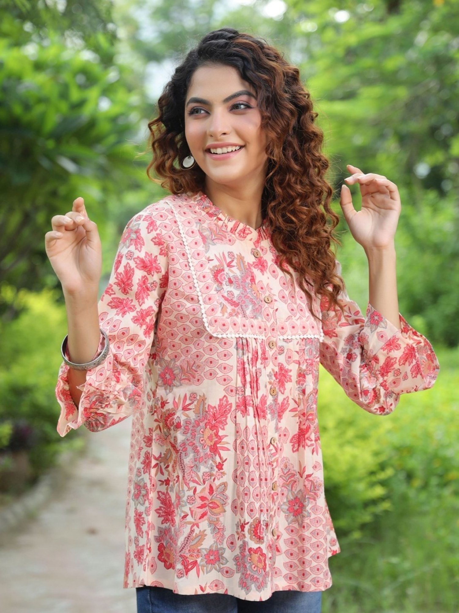 Rain and Rainbow Peach Cotton Floral Print Top