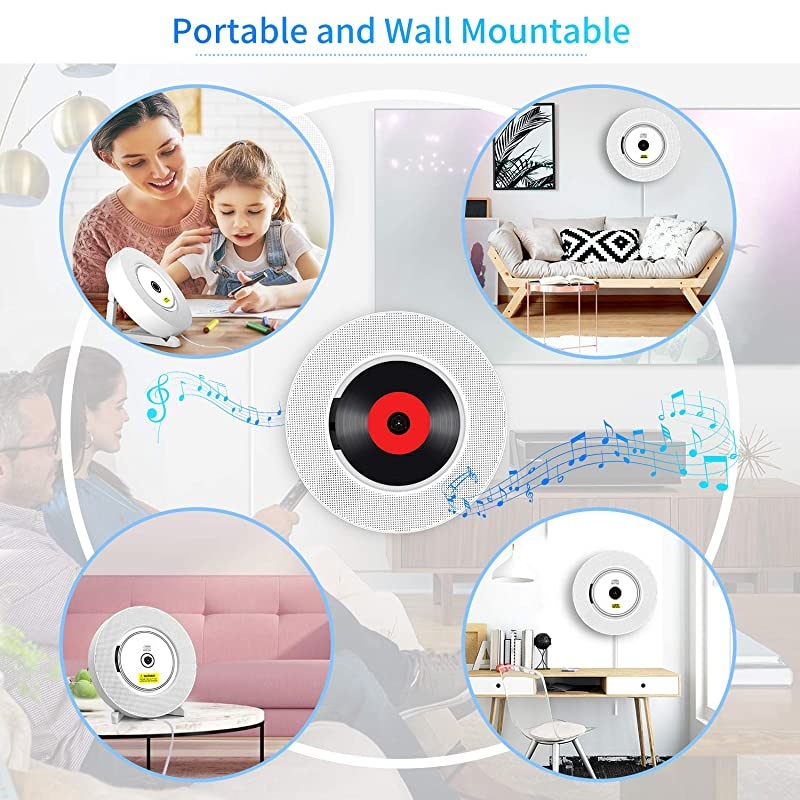 CD Player with Bluetooth, Wall Mountable CD Music Player Home Audio Boombox with Remote Control FM Radio Built-in HiFi Speakers, MP3 Headphone Jack AUX Input Output with Pull Switch