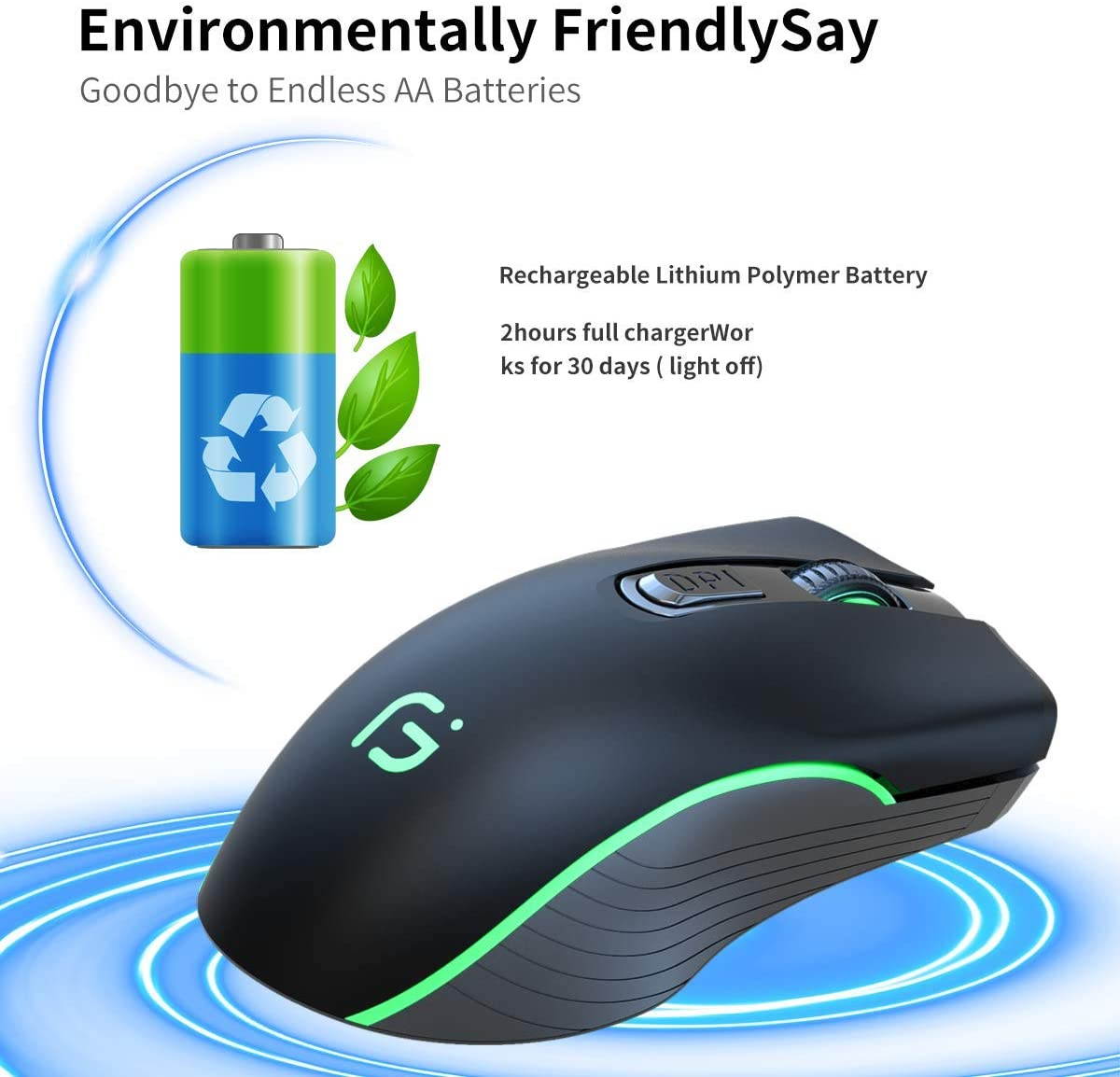 Silent Click Wireless Mouse for Laptop - Light up Rechargeable USB Cordless Mice for Computer, 3 DPI up to 2400, [Queit] Comfort & Smooth LED RGB Mouse for PC Tablet Chromebook Microsoft Windows Mac