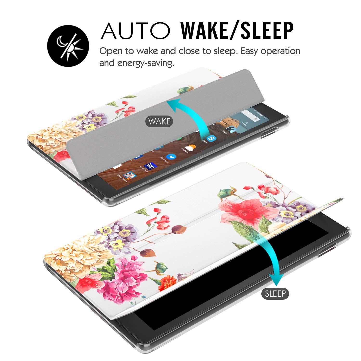 MoKo Case Fits All-New Fire HD 10 (7th Generation and 9th Generation, 2017 and 2019 Release), Smart Shell Stand Cover with Translucent Frosted Back for Fire HD 10.1 Inch - Flowers Blossom