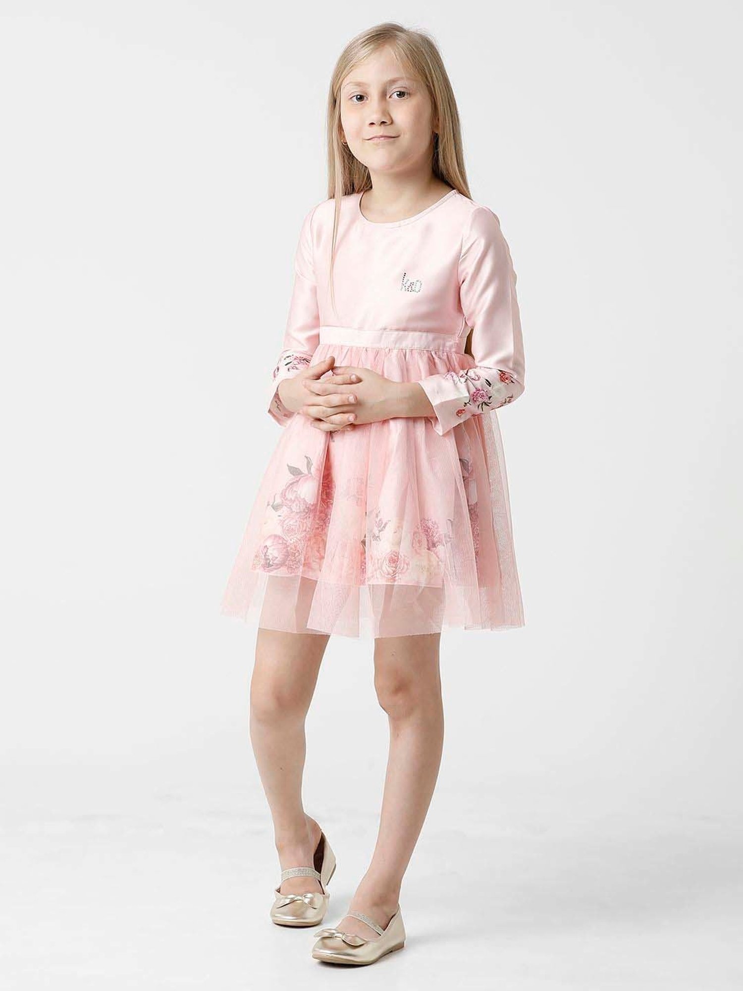 Kate & Oscar Kids Pink Embellished Full Sleeves Dress