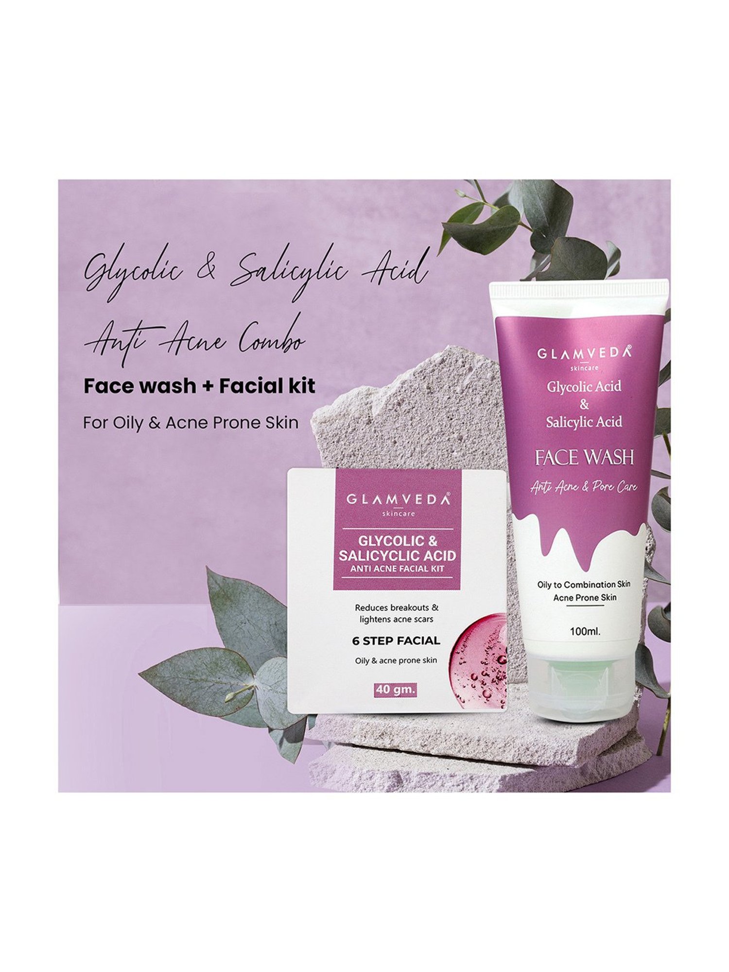 Glamveda Glycolic & Salicylic Acid Anti Acne Face Wash and Facial Kit Combo