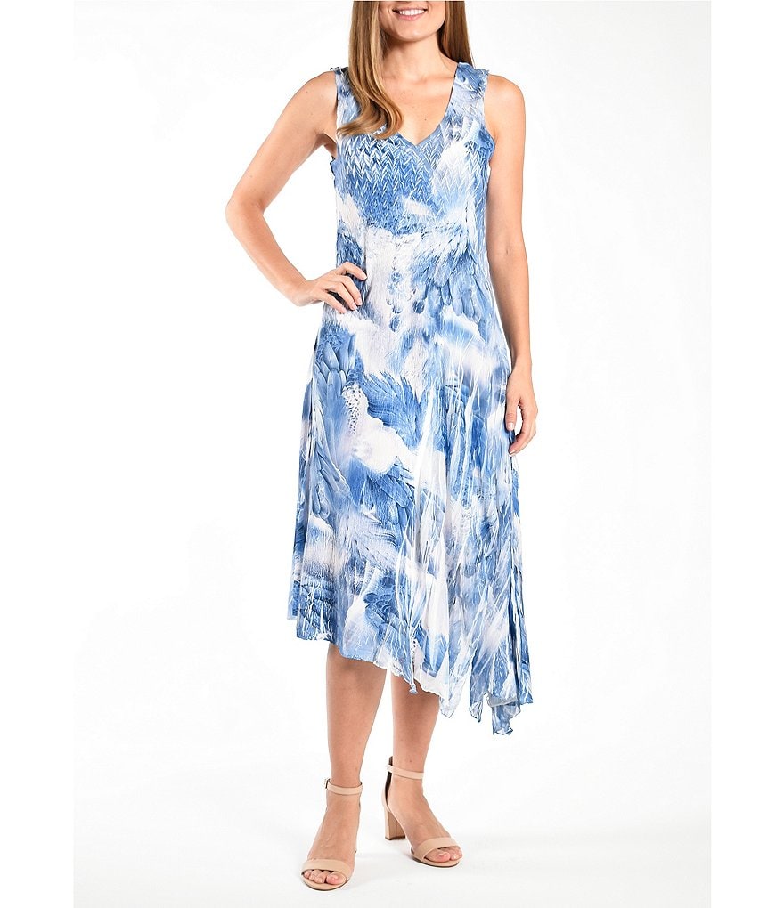 Komarov V-Neck Sleeveless Charmeuse Dress with Asymmetrical Hem