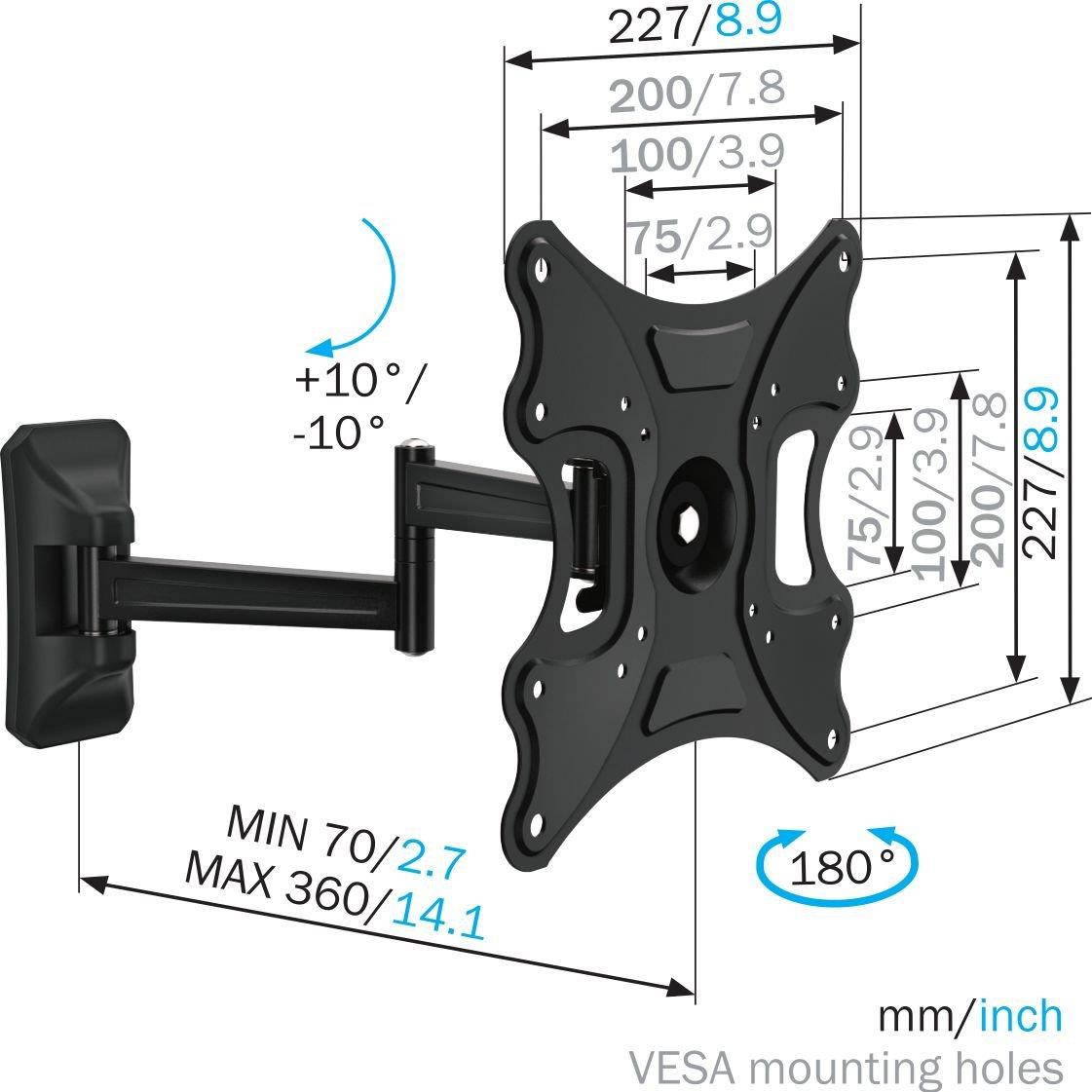 MOUNT MASSIVE TV Wall Mount, MNT 108 180&deg; Swivel and Tilt Mount for 19 to 40 inch TVs, Black