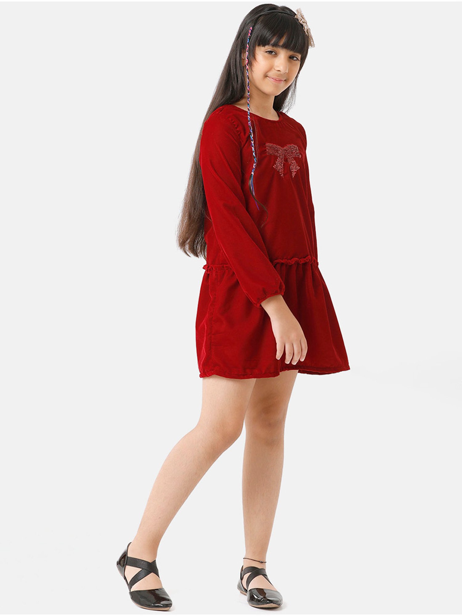 Under Fourteen Only Kids Maroon Embellished Full Sleeves Dress