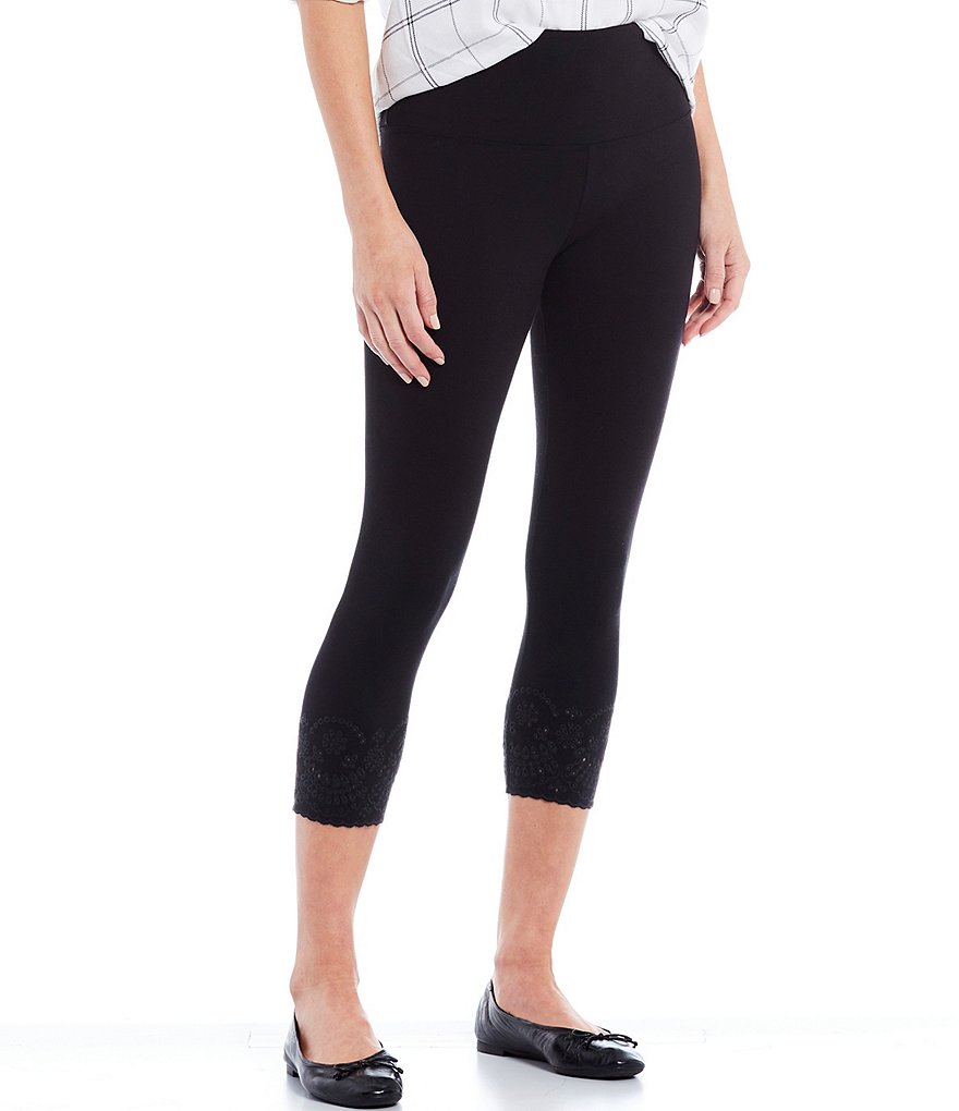 Intro Petite Size Knit Twill Pull-On Chiffli Lace Hem Detail Ankle Leggings