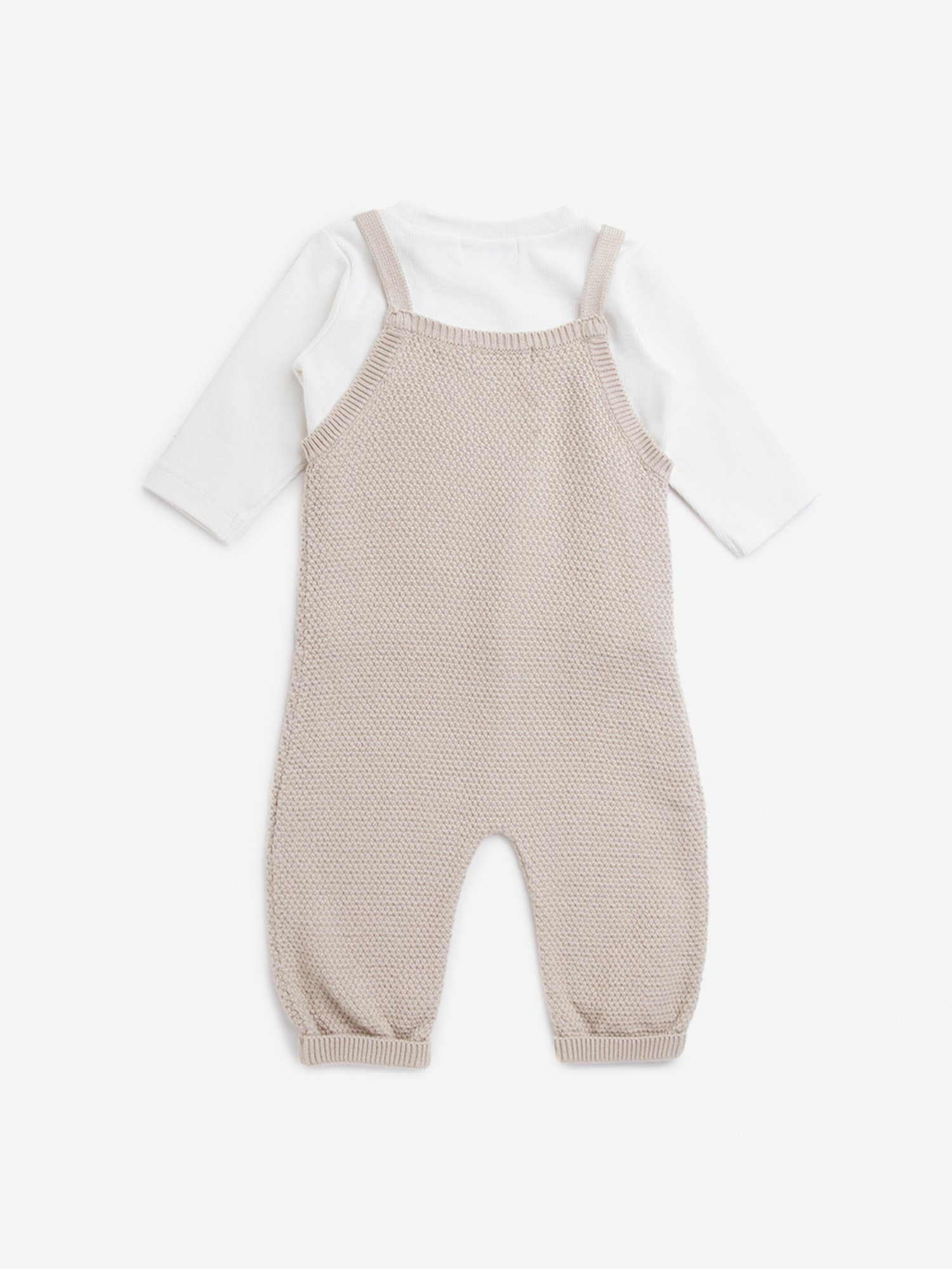 HOP Baby by Westside Taupe Knitted Cotton Blend Dungaree & T-Shirt Set