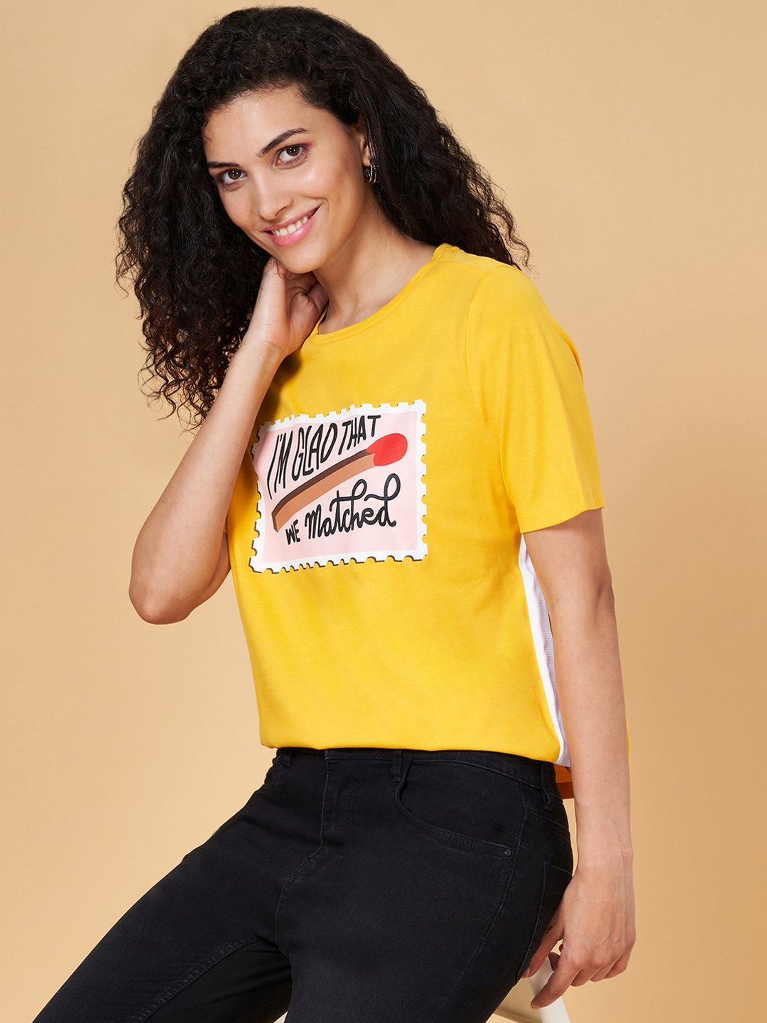 People by Pantaloons Yellow Cotton Graphic Print T-Shirt
