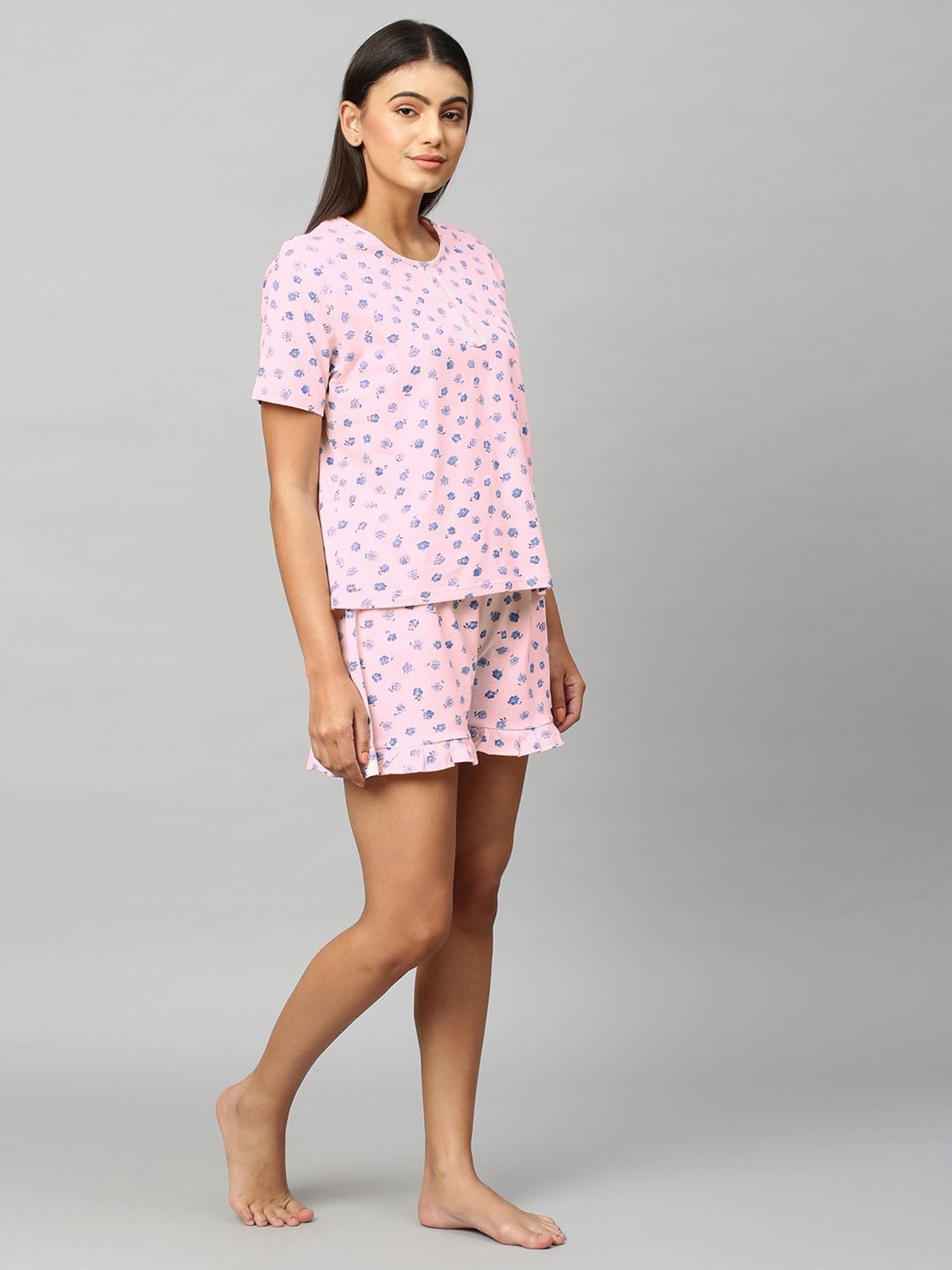 Chemistry Pink Cotton Floral Print T-Shirt With Shorts