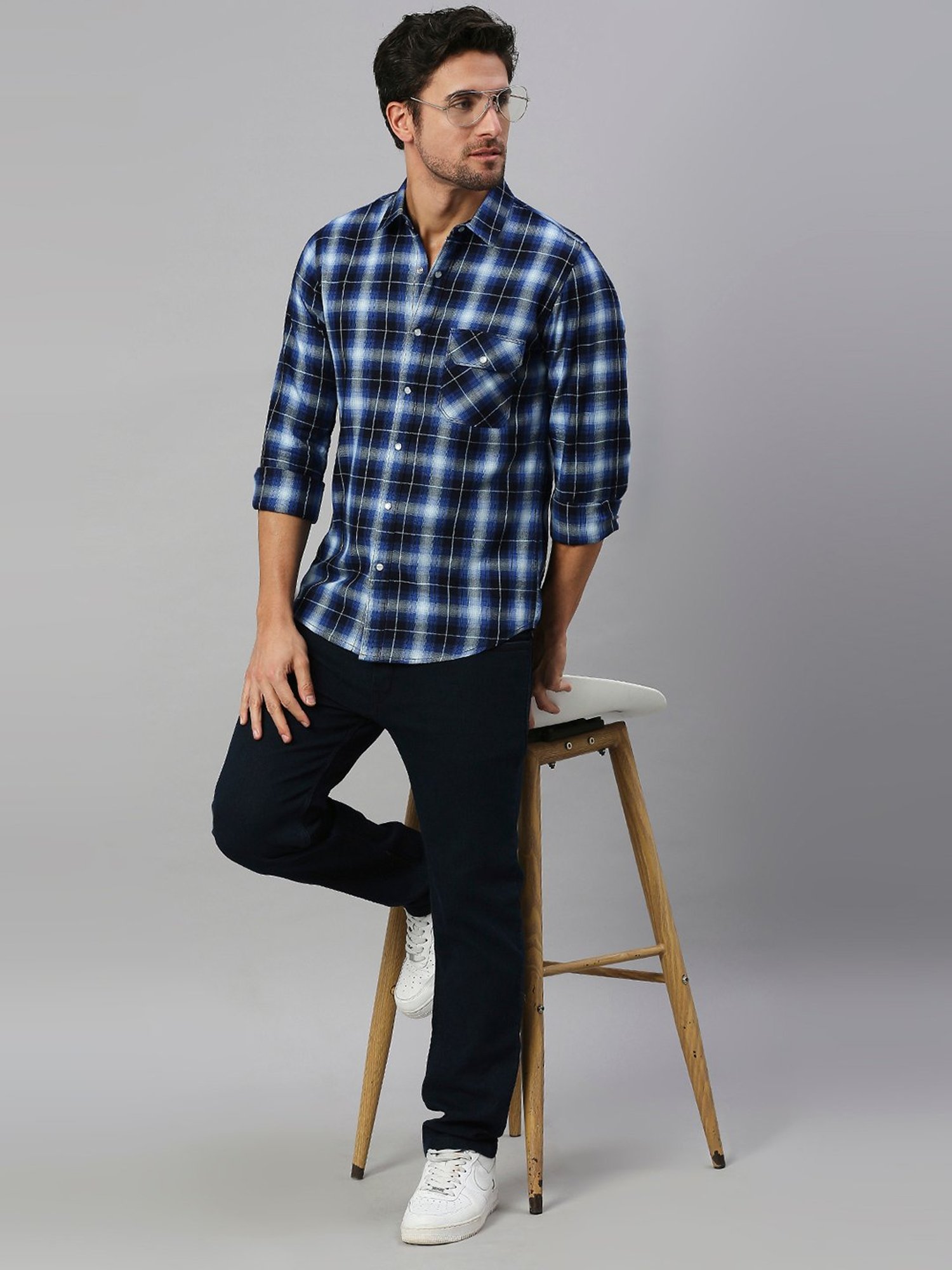 SOLEMIO Navy Slim Fit Check Cotton Shirt