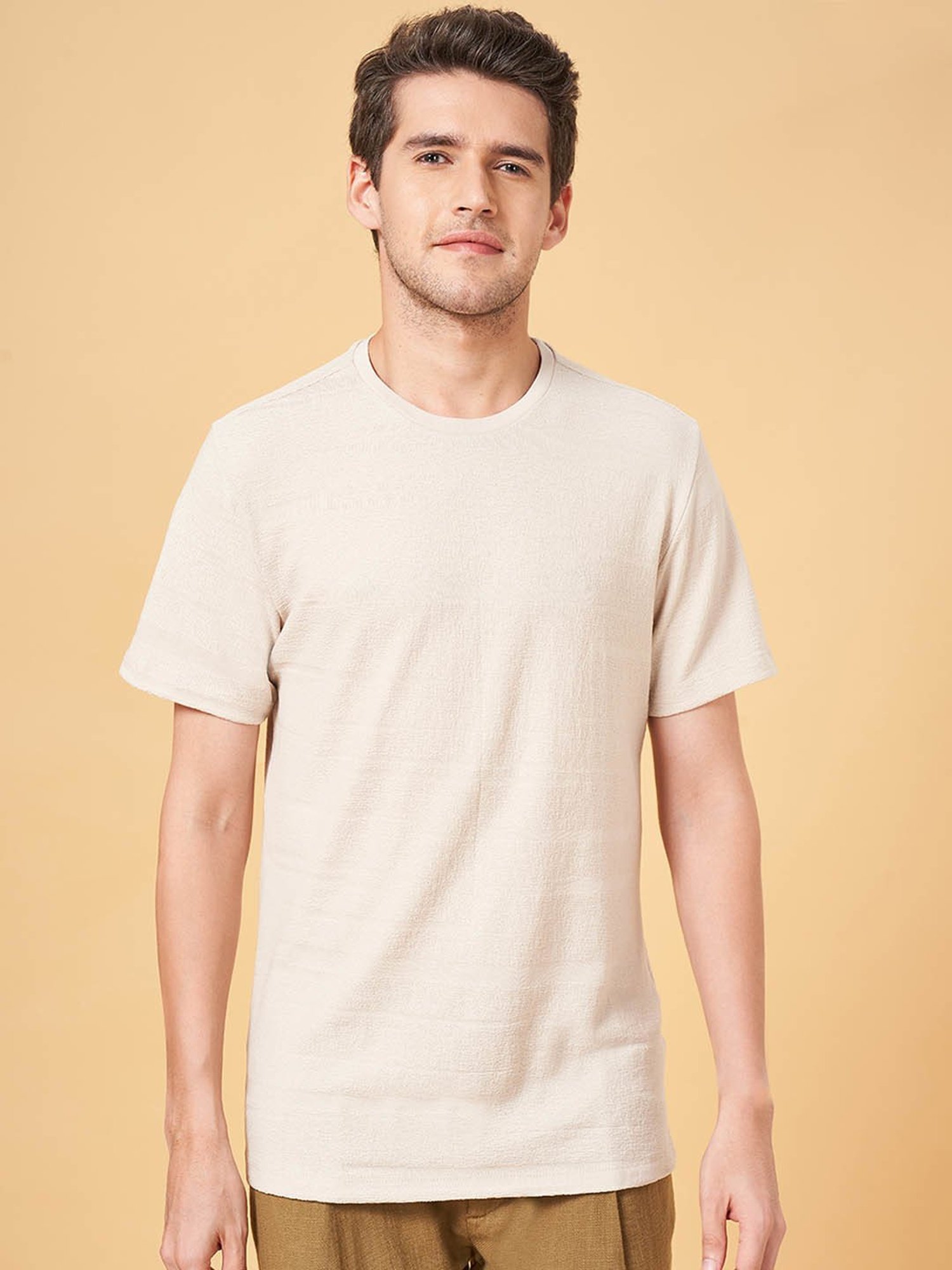 7 Alt by Pantaloons Off White Relaxed Fit Self Pattern T-Shirt