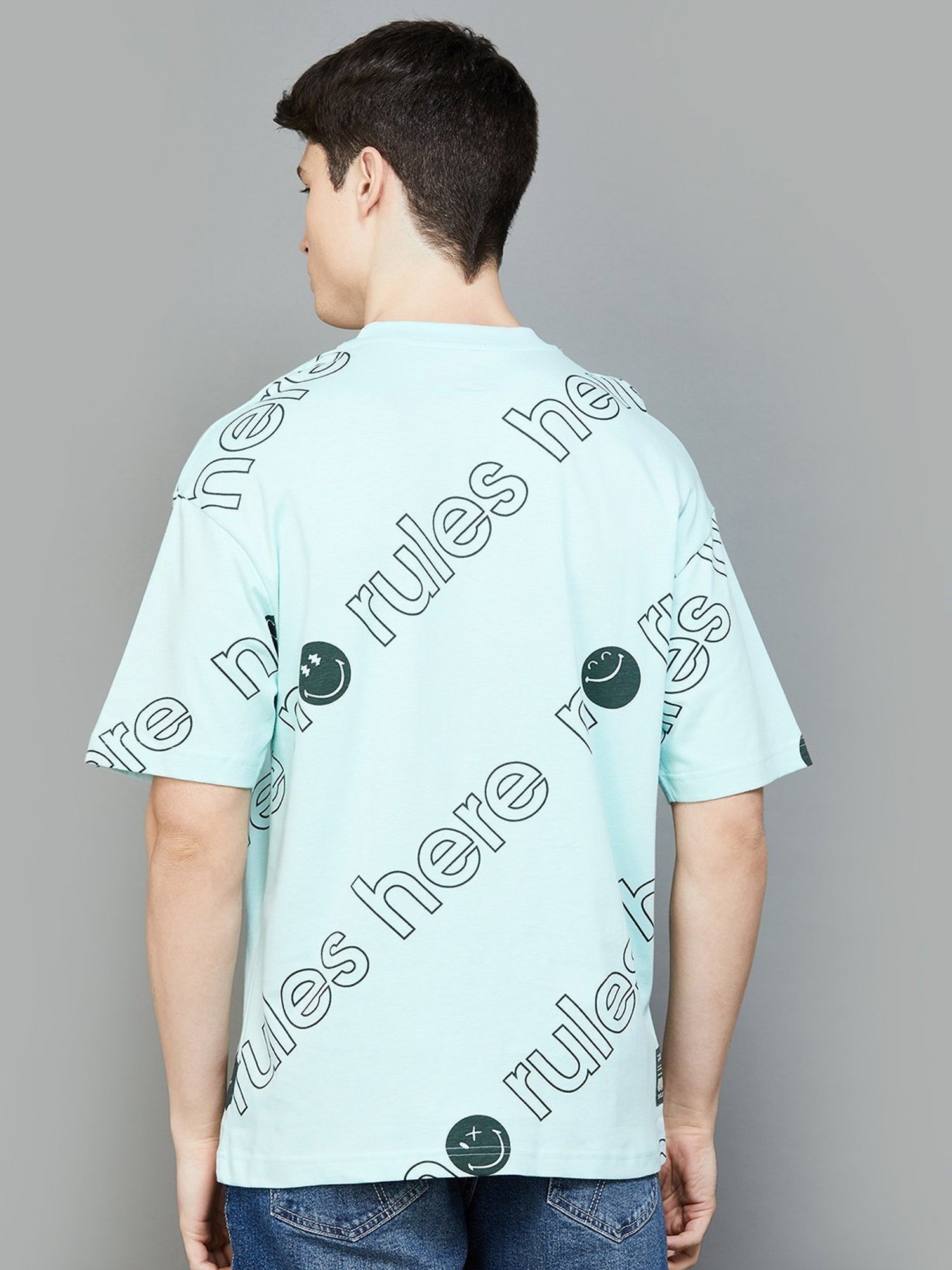 SmileyWorld Turquoise Cotton Regular Fit Printed T-Shirt