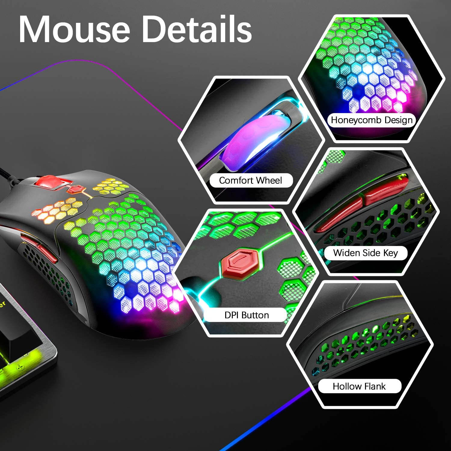 Wired Lightweight Gaming Mouse,26 RGB Backlit Mice with 7 Buttons Programmable Driver,PAW3325 12000DPI Mice,Ultralight Honeycomb Shell Ultraweave Cable Mouse for PC Gamers and Xbox and PS4 Users