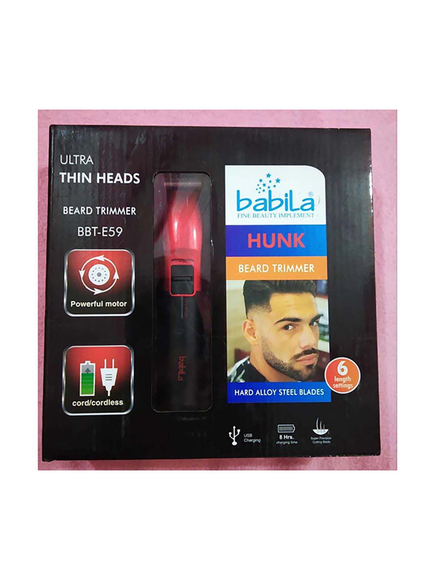 Babila BBT-E59 Hunk Beard Corded and Cordless Trimmer - 45 Mins Runtime (Red)