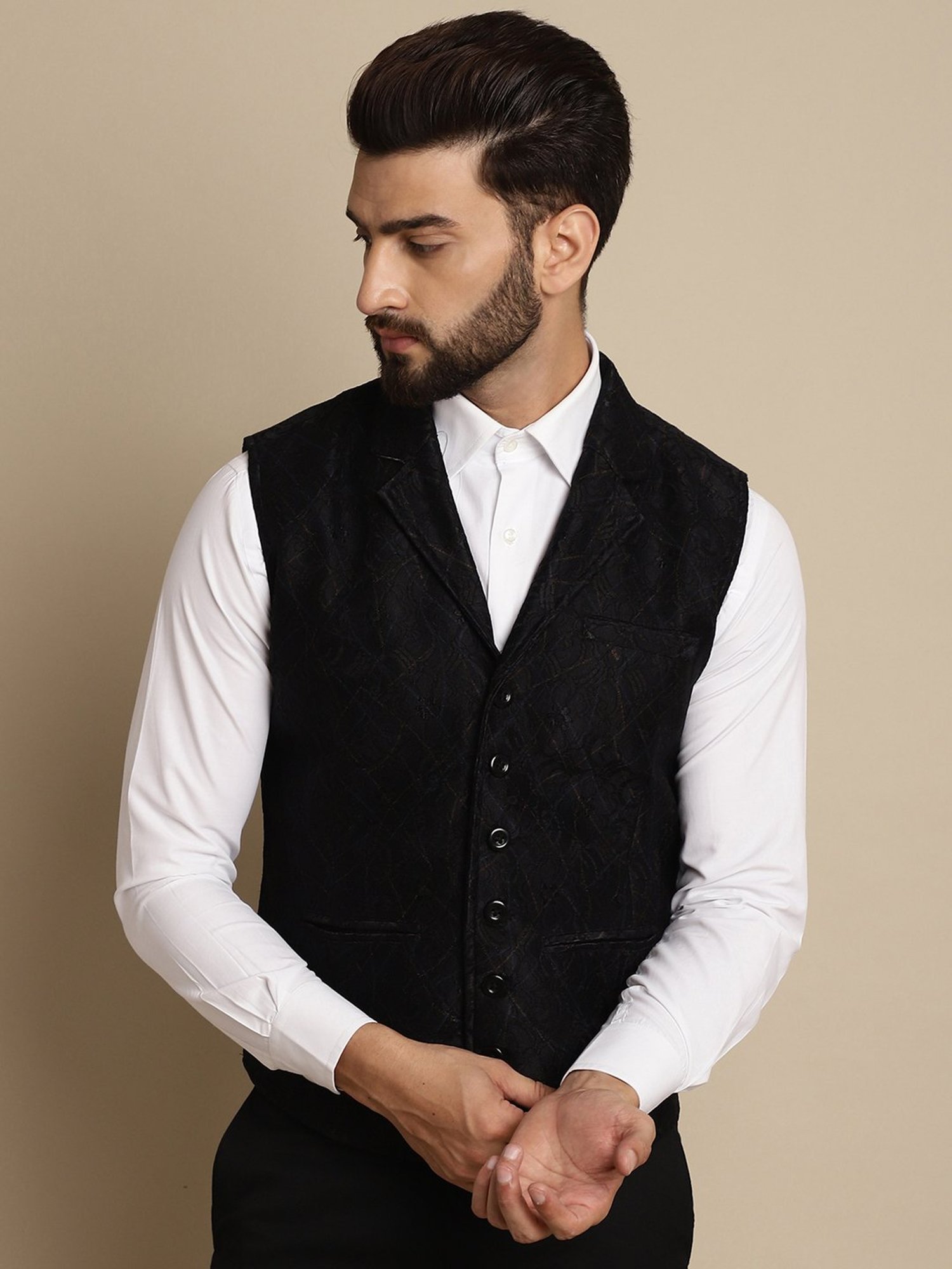 Even Black Regular Fit Embroidered Notch Lapel Waistcoat