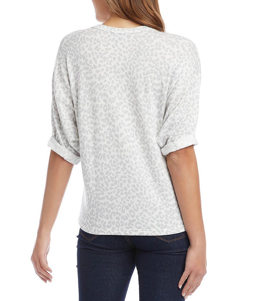 Ali Miles Petite Size Long Roll-Tab Sleeve Round V-Neck Pucker Knit Asymmetrical Tunic