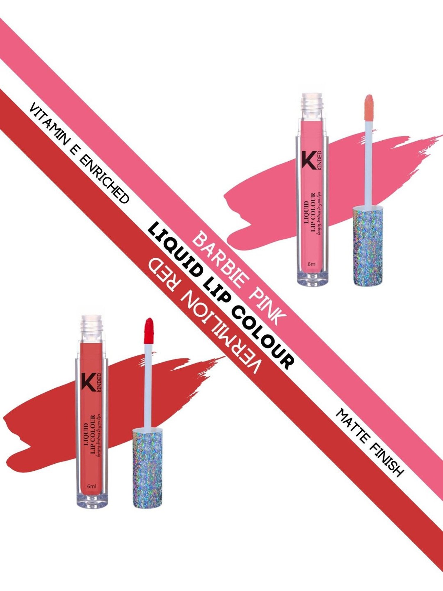 KINDED Liquid Lip Colour 01 Barbie Pink & 03 Vermilion Red Combo