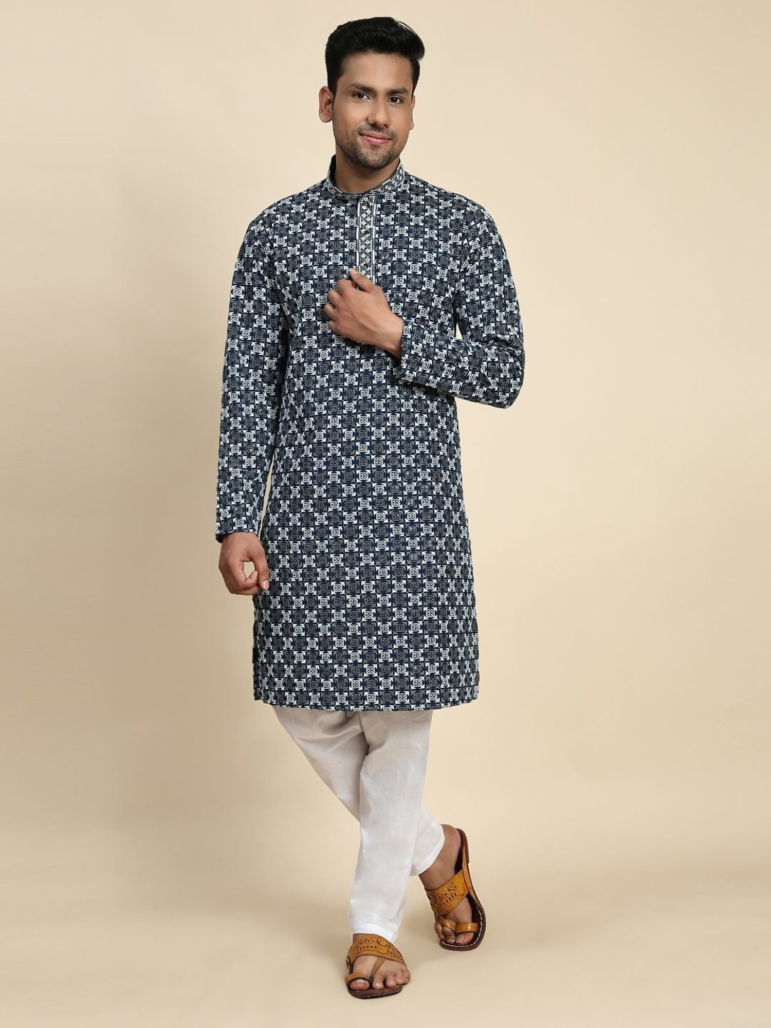 Pro-Ethic Style Developer Blue & White Cotton Regular Fit Embellished Kurta Bottom Set