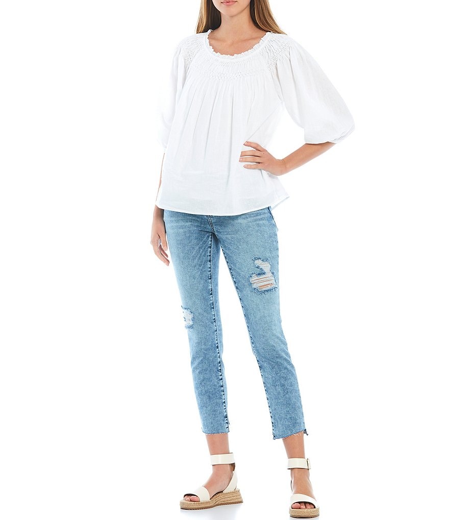 KUT from the Kloth Reese Destruction Detail Straight Leg Slant Raw Hem Ankle Jeans