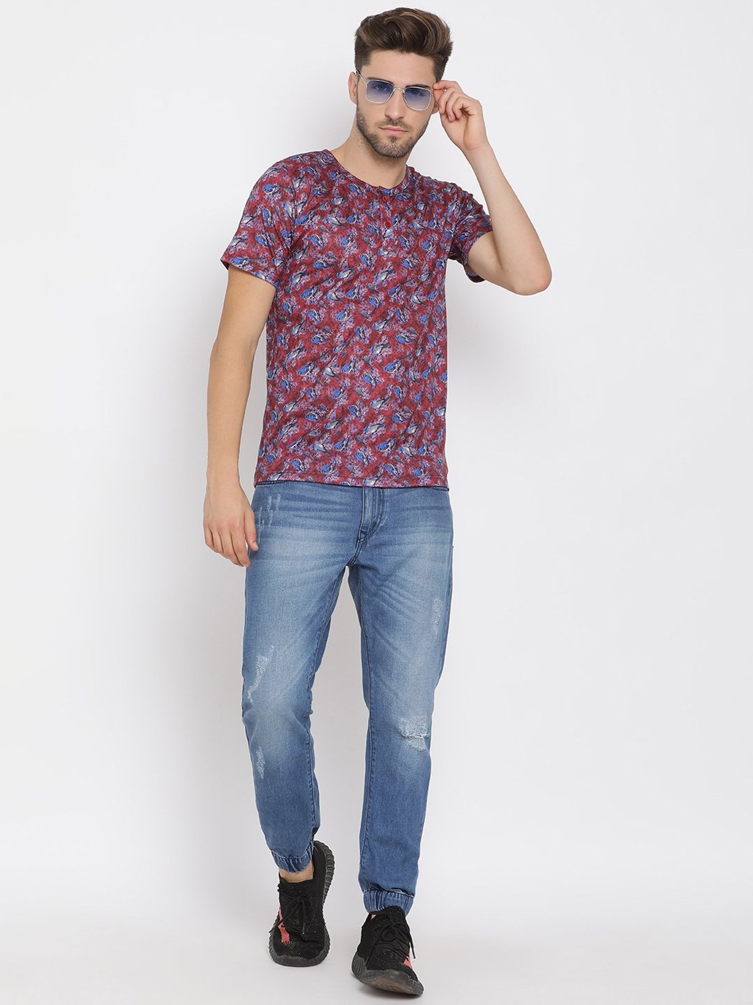 Hangup Plus Red & Blue Regular Fit Printed Henley T-Shirt