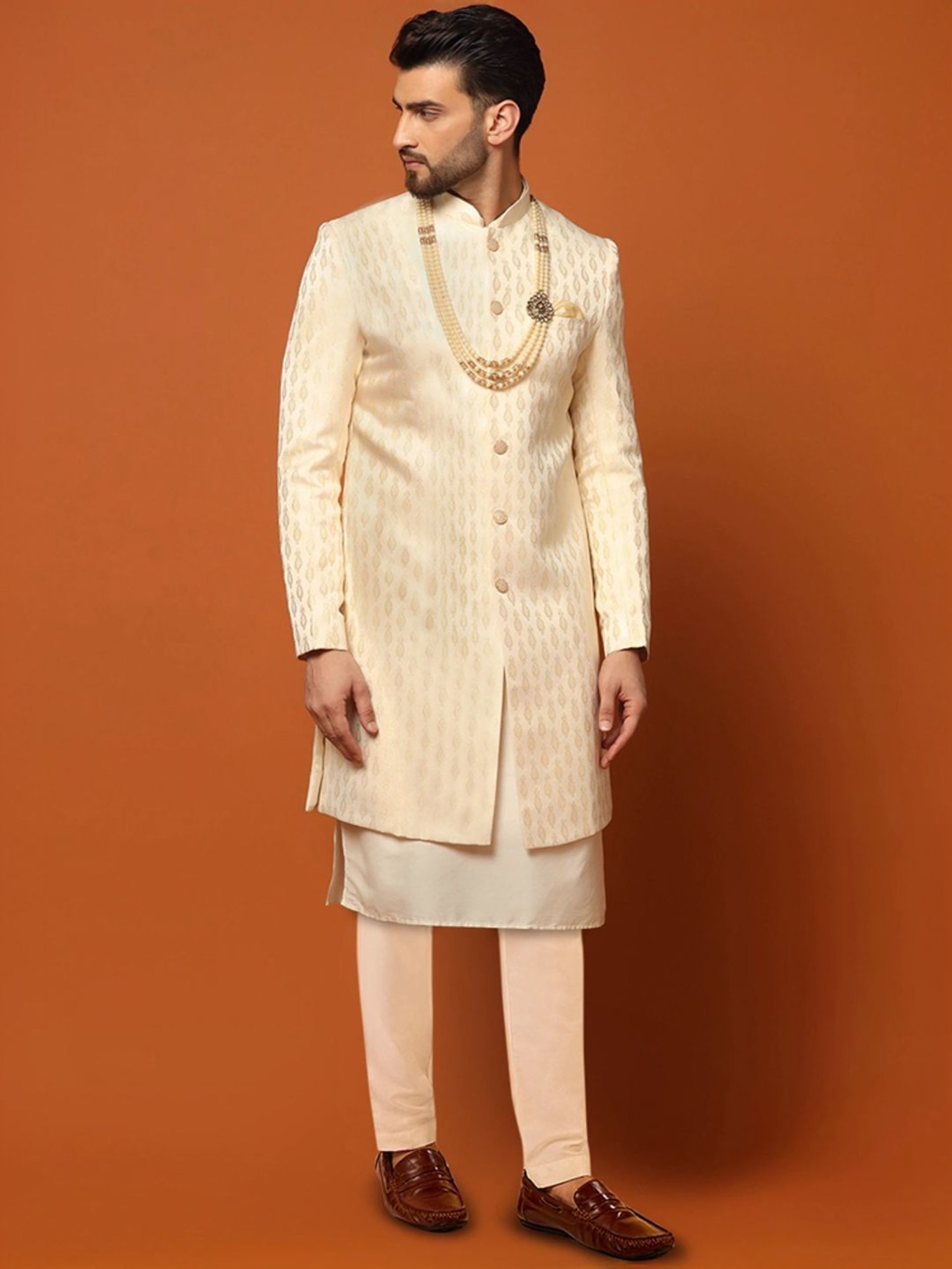Kisah Beige Regular Fit Jacquard Sherwani Set