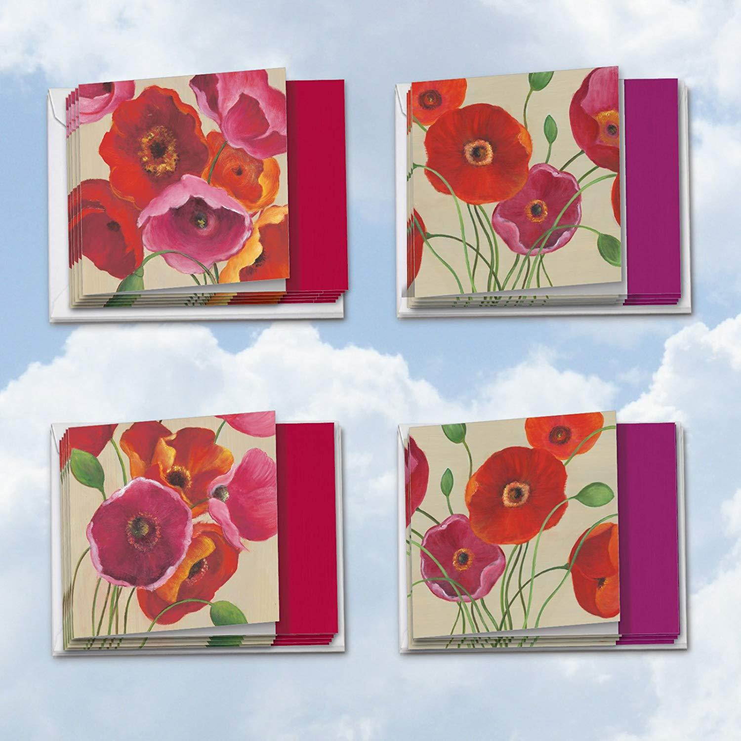 MQ4548TYG-B3x4 Painted Poppies: 12 Assorted 'Square-Top' Thank You Note Cards Featuring Bold and Vibrant Images of Colorful Poppy Flowers with Envelopes.
