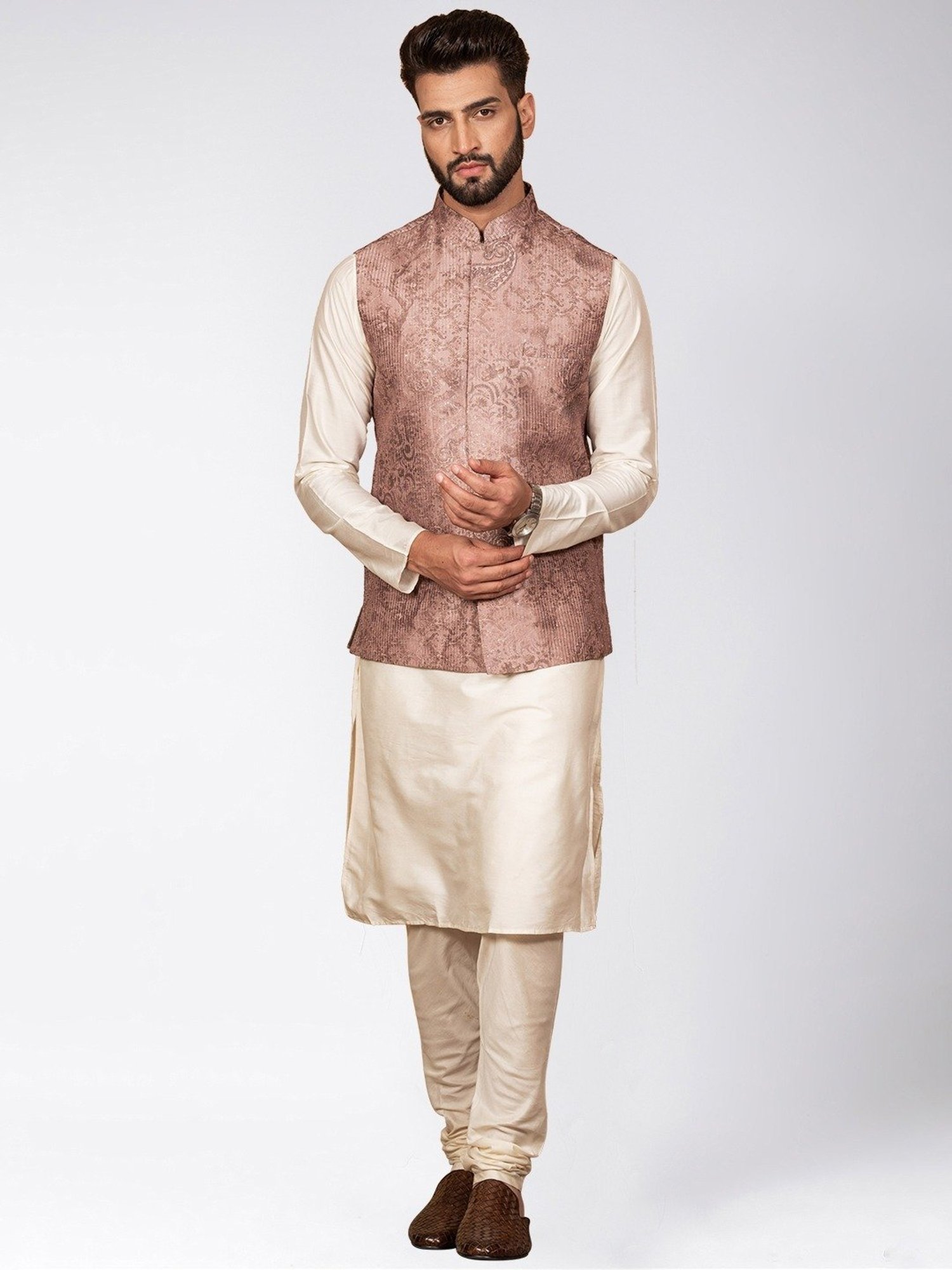 KISAH Brown & White Regular Fit Printed Kurta Set with Jacket