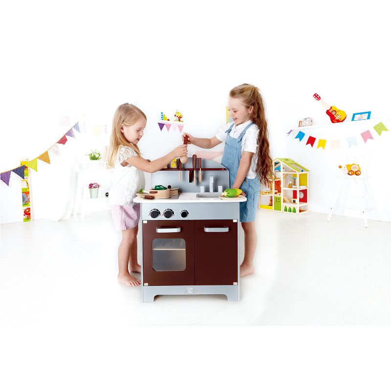 Hape Kids Gourmet Chef Wooden Toy Kitchen Pretend Play with Oven, Sink, Refrigerator, Cooking Pots and Cookware Accessories Set, Espresso Silver
