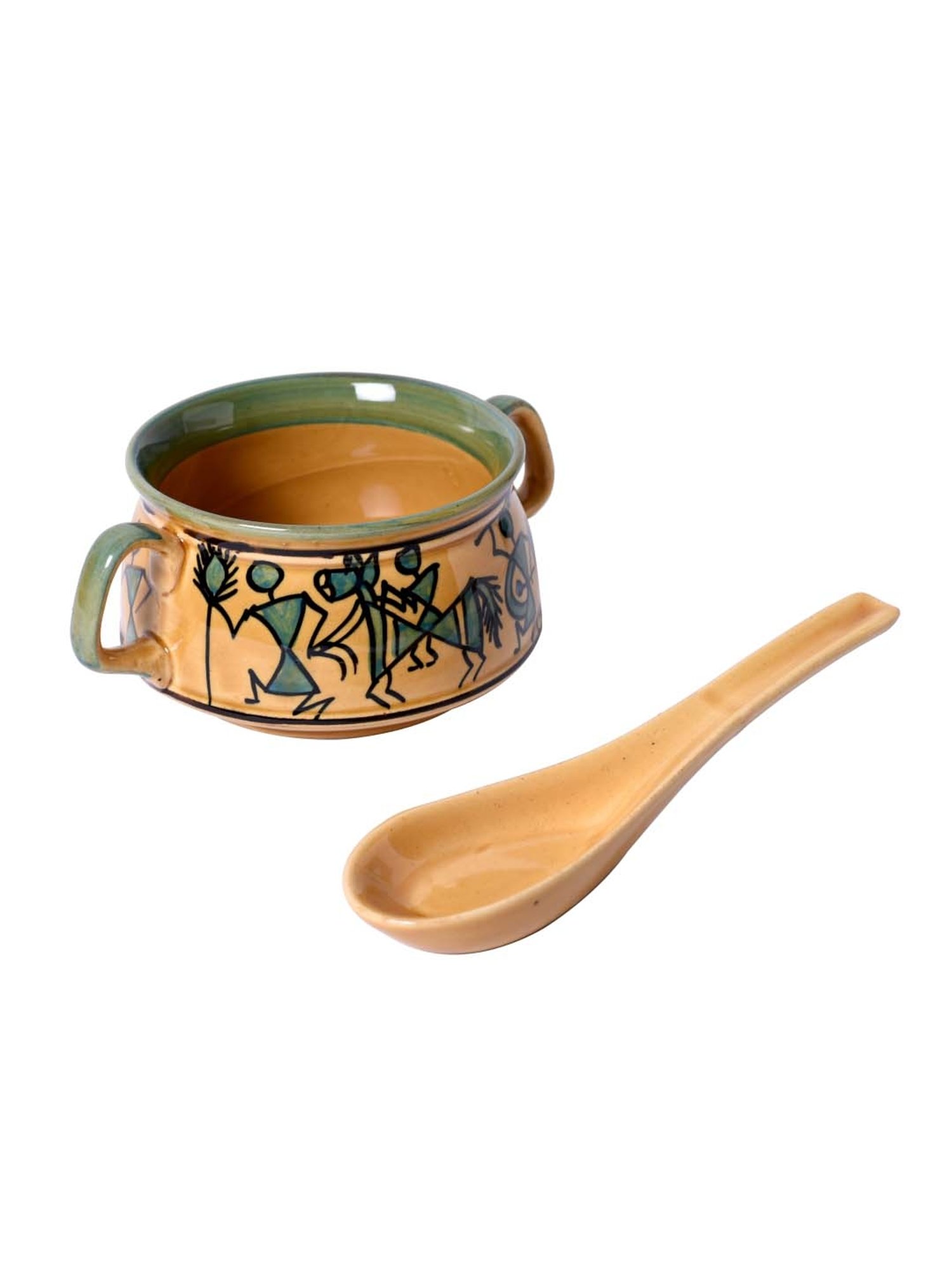 Unravel India Beige & Green Ceramic  Soup Bowl Set