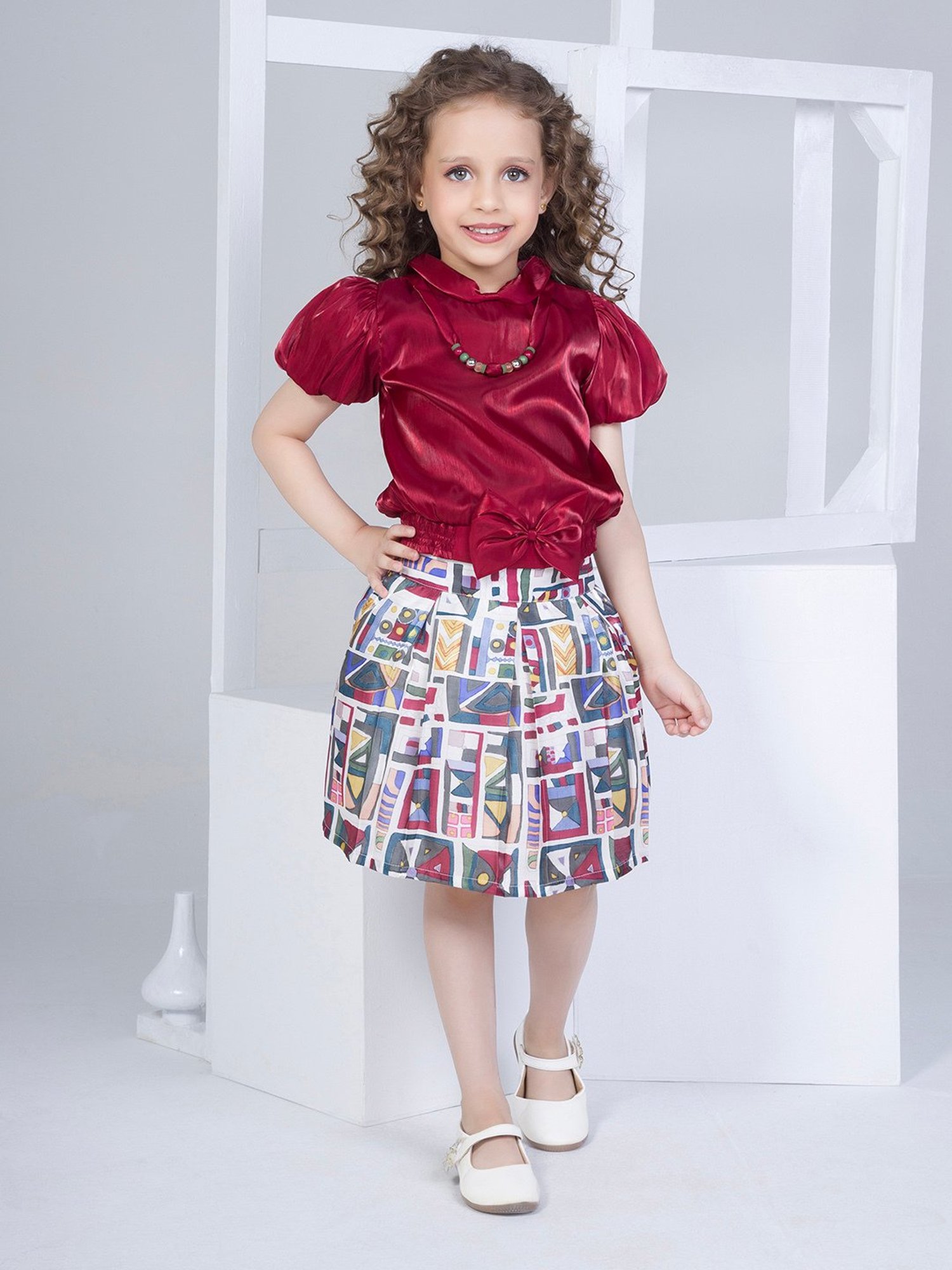 Peppermint Kids Maroon & White Printed Top with Skirt
