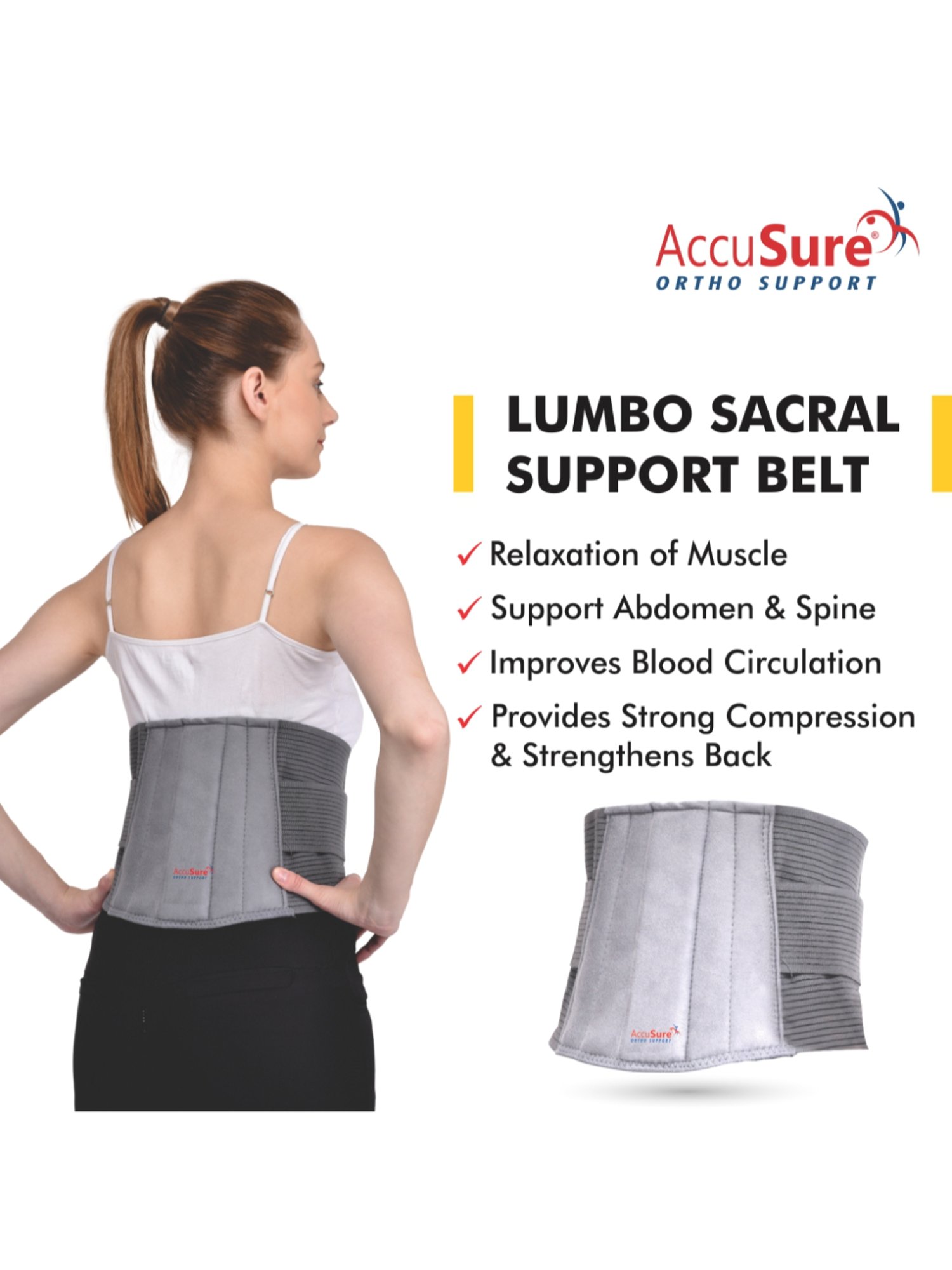 Accusure Lumbo Support Belt Lumbo Sacral Back Support- Ergonomic Design And Breathable - Size-M