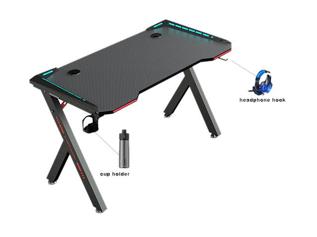 55inch Gaming Desk-game computer desk with LED lighting, cup holderand Headphone Hook,Black