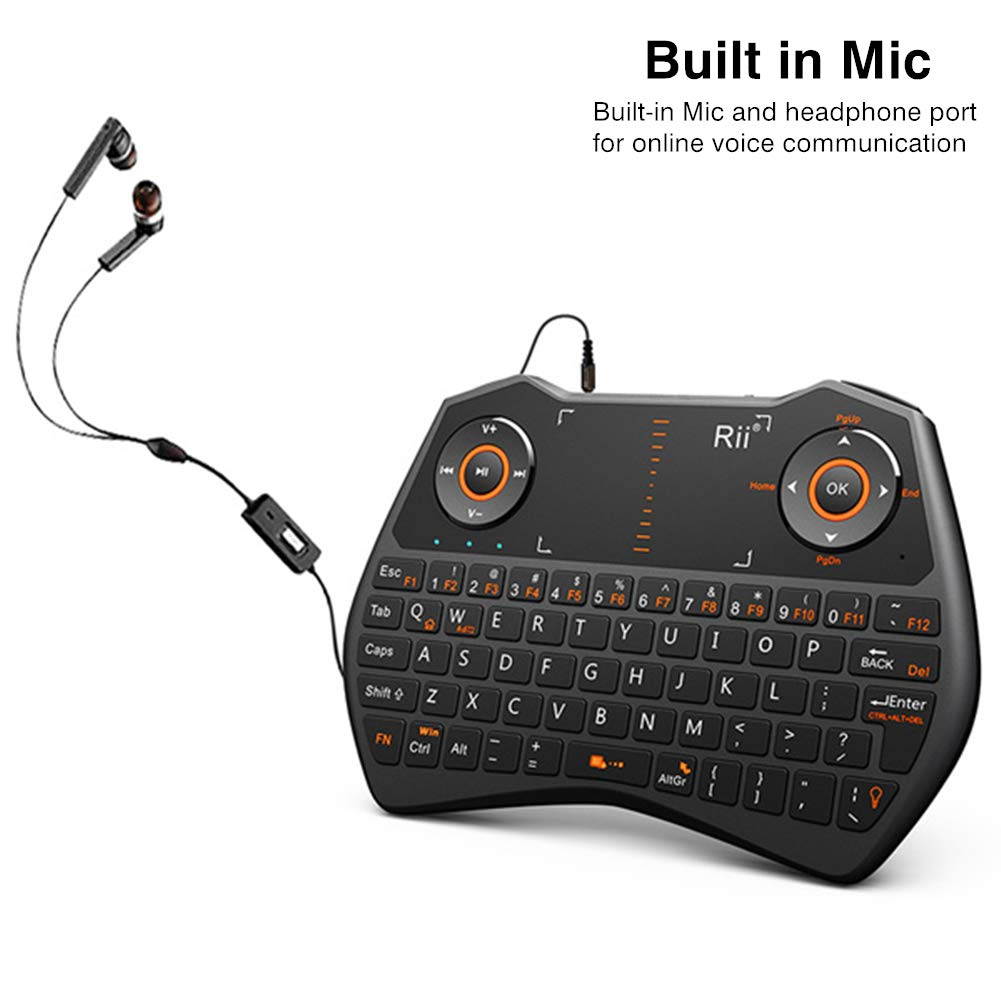 Original Rii 2.4GHz Mini Wireless Keyboard with Touchpad&QWERTY Keyboard, Backlit Portable Keyboard Wireless with Remote Control,Built-in Mic and Headphone Port for Online Voice Communication