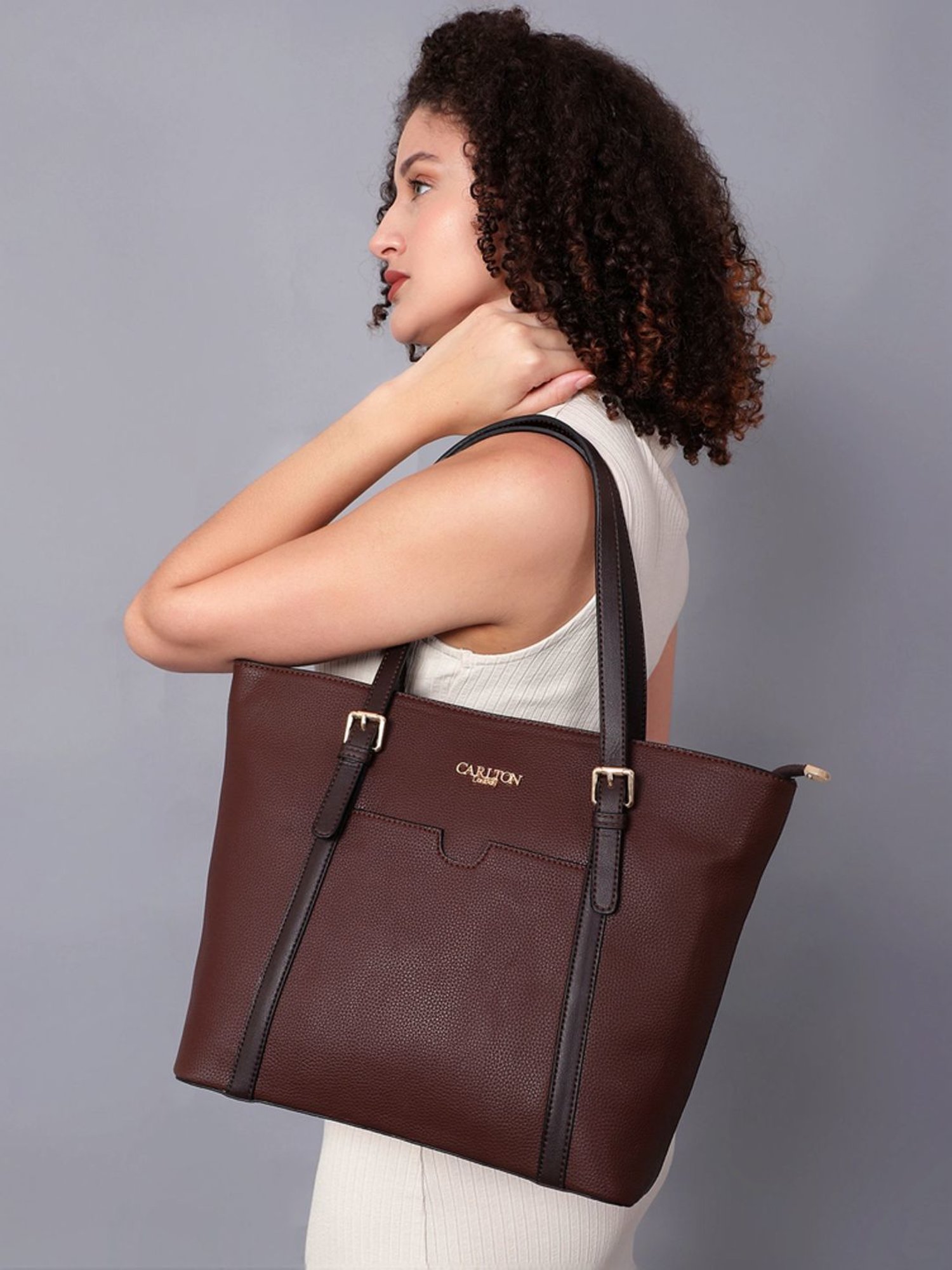 Carlton London Brown Solid Large Tote Handbag