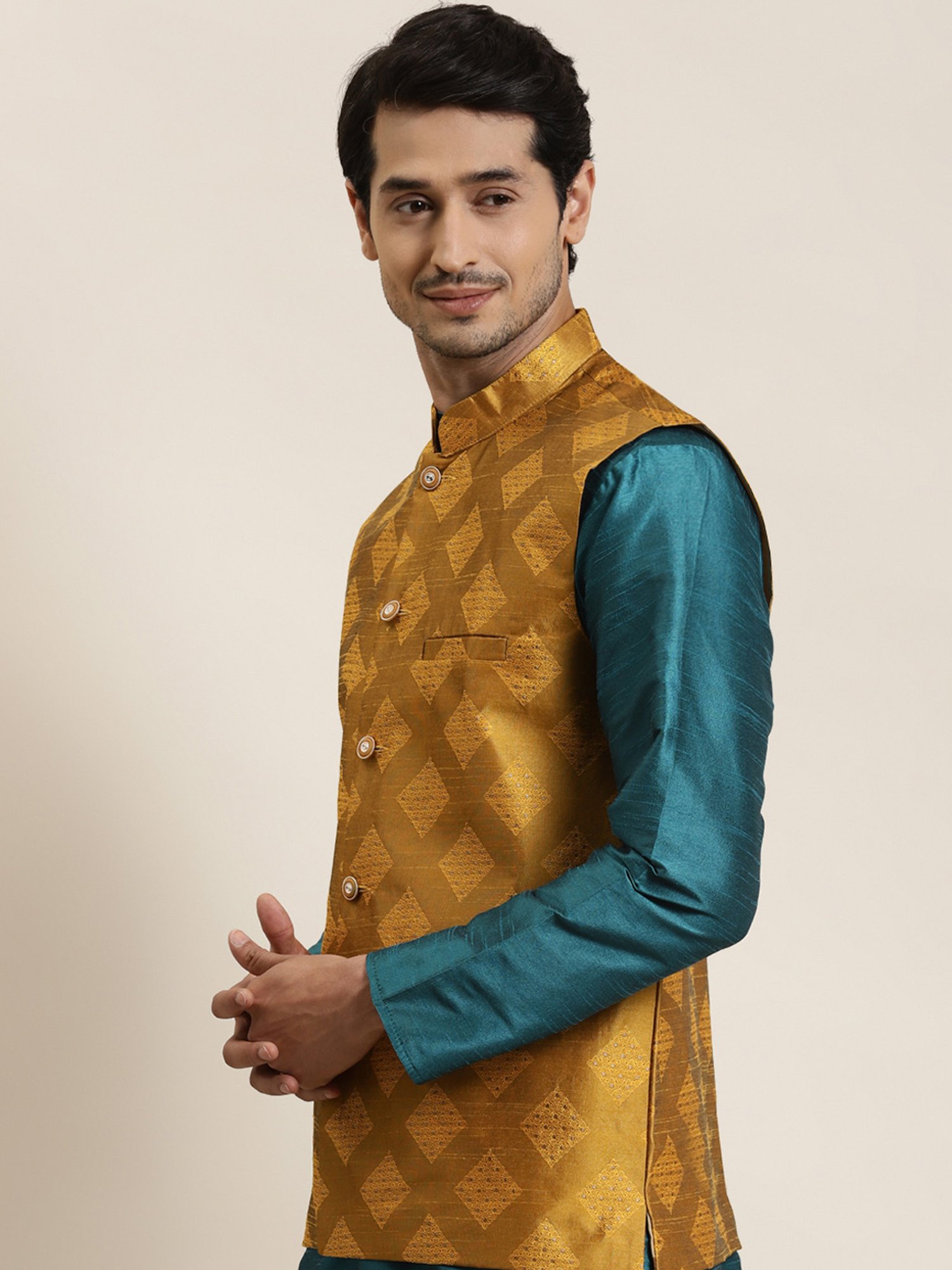 Sojanya Yellow Regular Fit Self Pattern Nehru Jacket
