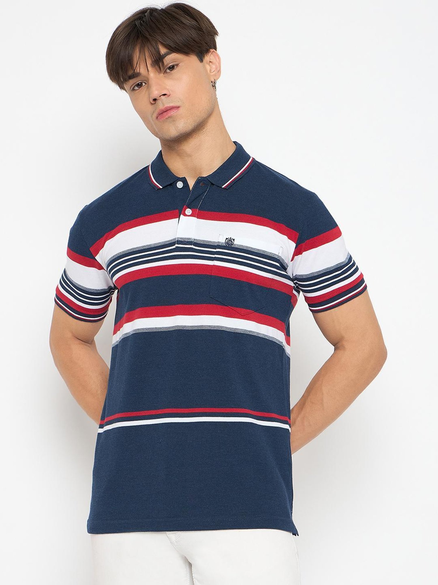 Duke Navy Regular Fit Striped Polo T-Shirt