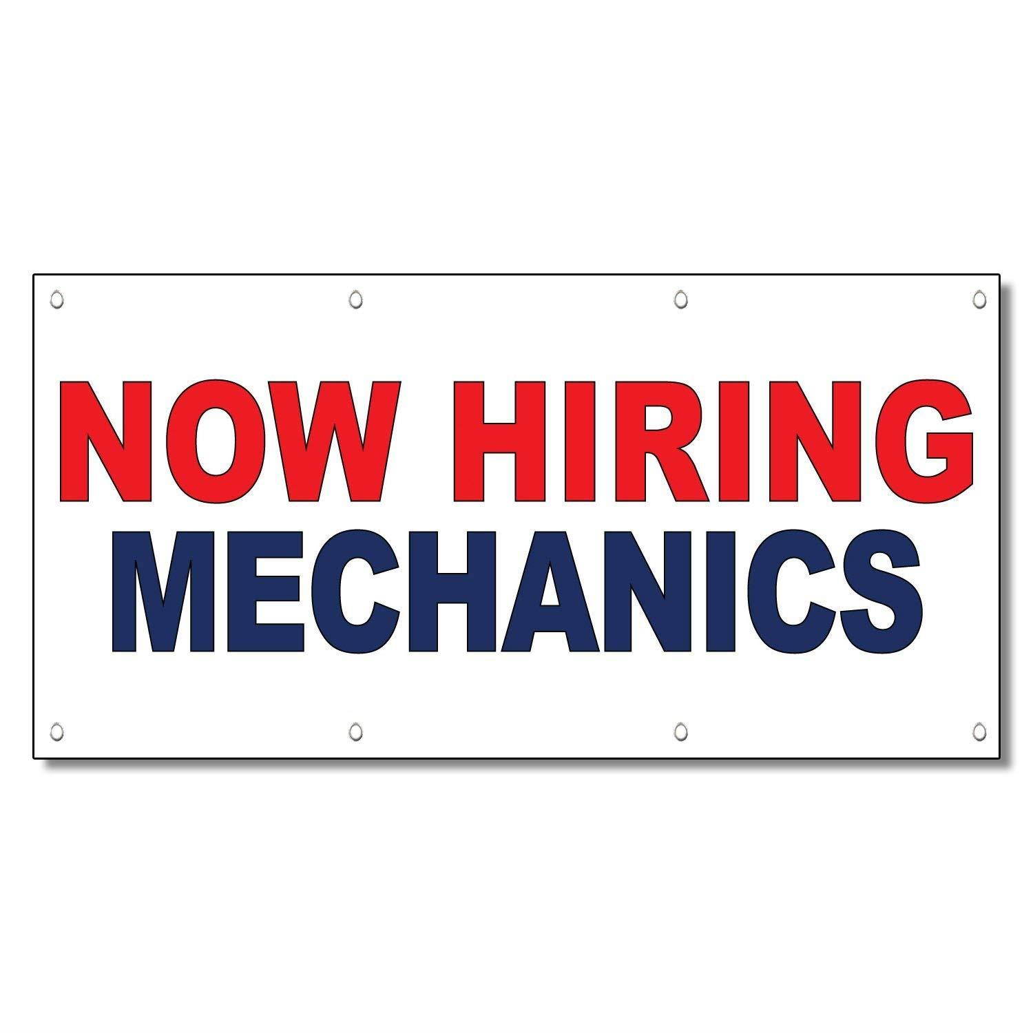 Now Hiring Mechanics Red Blue 13 Oz Vinyl Banner Sign With Grommets 3 Ft x 6 Ft