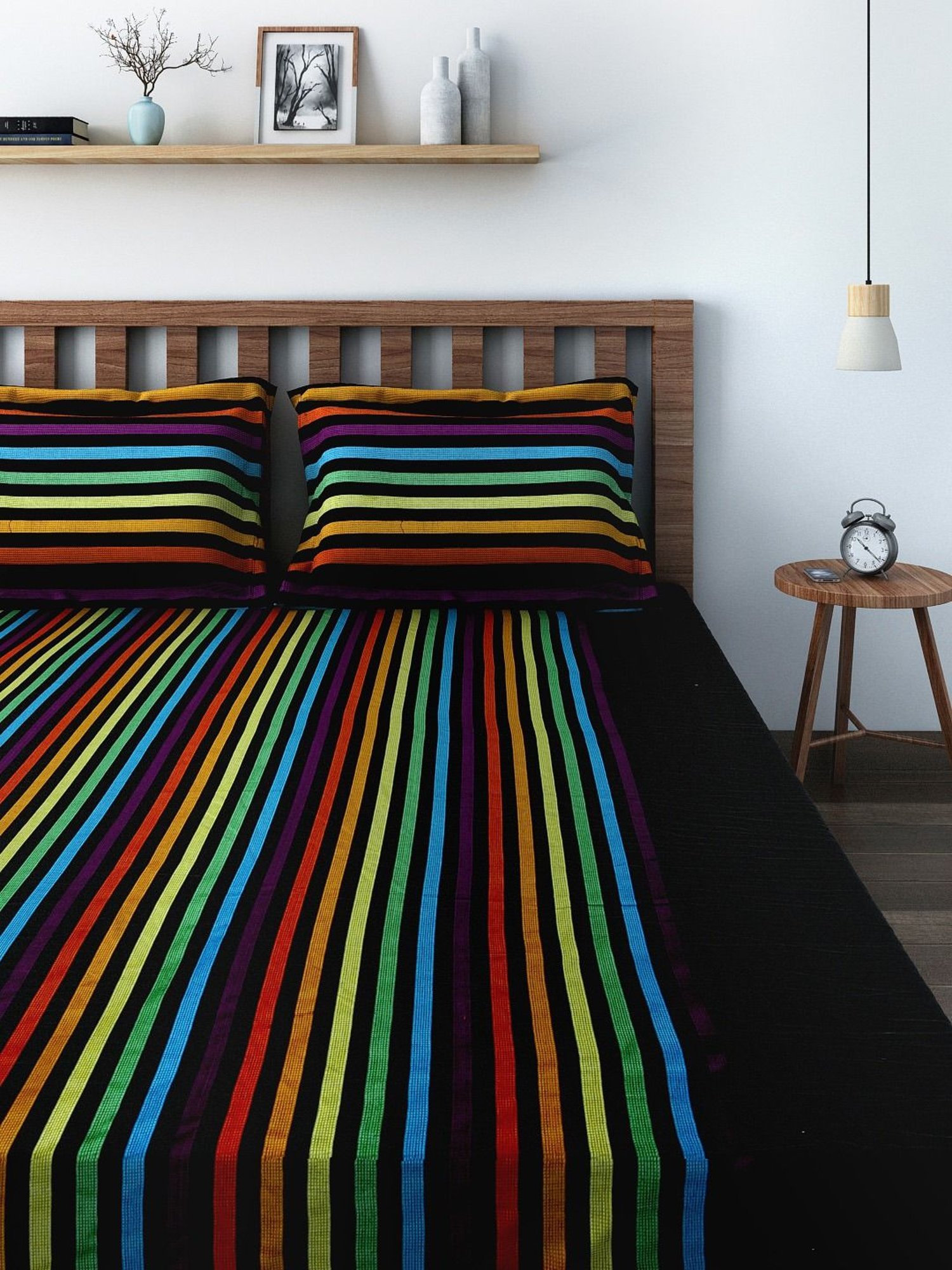 Swayam Magical Linea Stripes Multicolor 180 TC Cotton King Bedsheet with 2 Pillow Covers