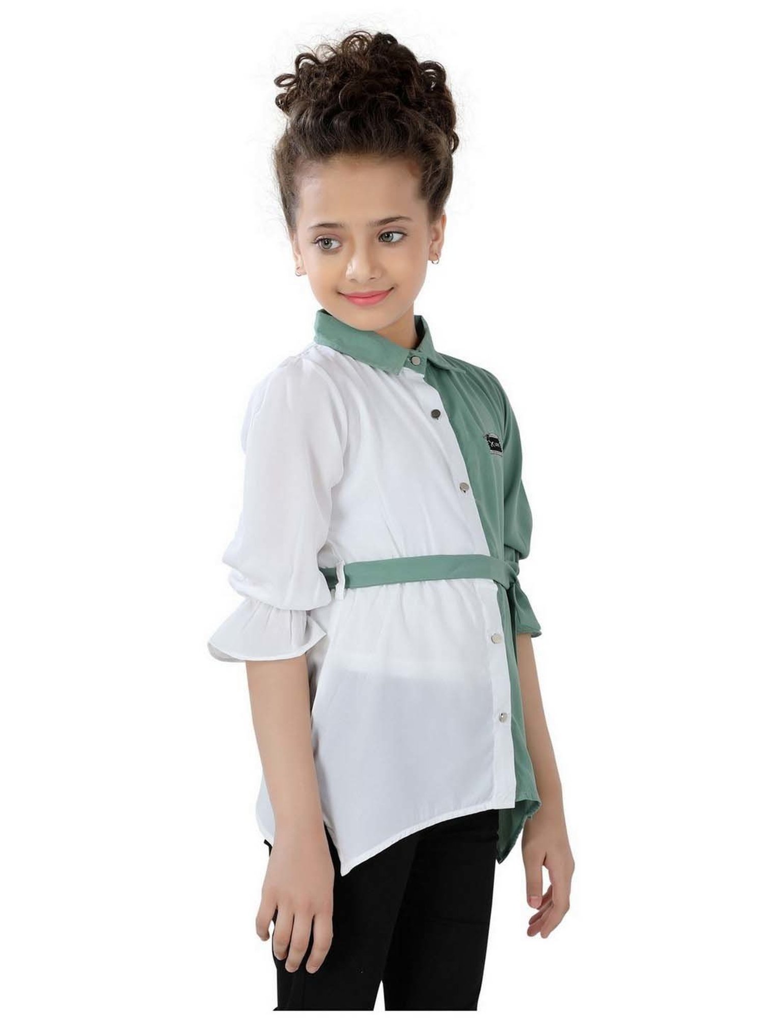 poplins Kids Green & White Cotton Color Block Top