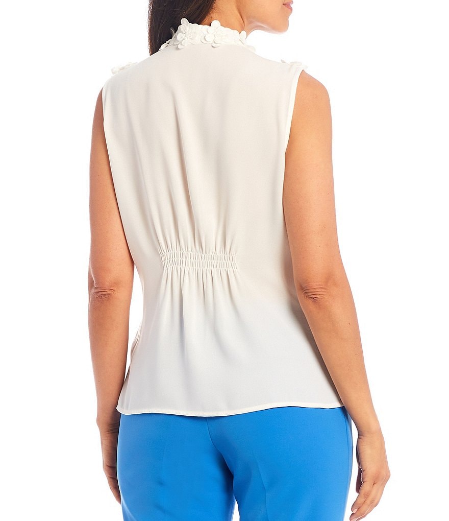 Tahari ASL Mockneck Sleeveless Floral Trim Georgette Top