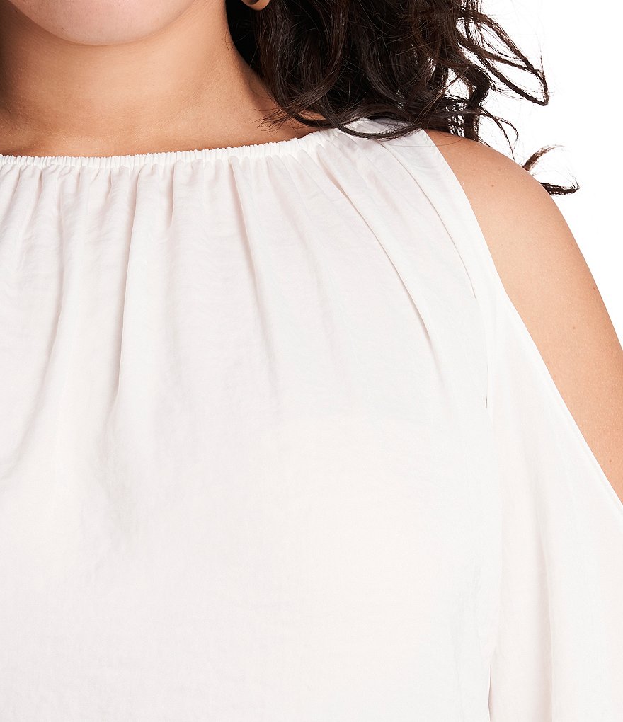 1. STATE Plus Size Crew Neck Long Sleeve Cold Shoulder Blouse
